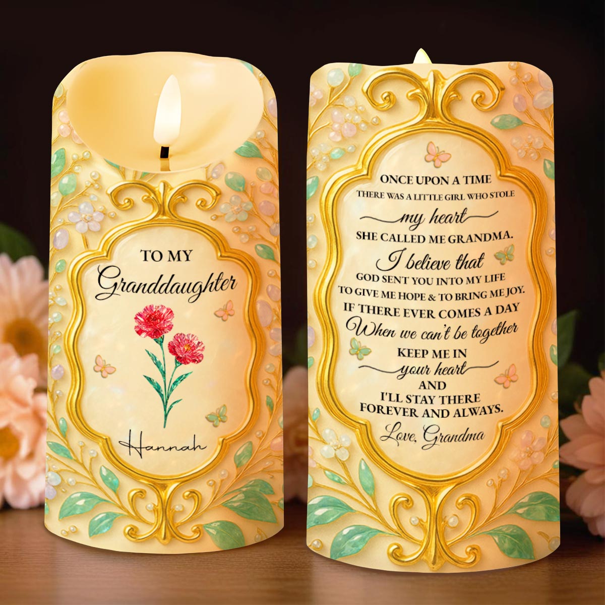 To My Granddaughter, Love Always, Flowers And Leaves Design - Personalized Custom LED Candle - GDT416_LECA