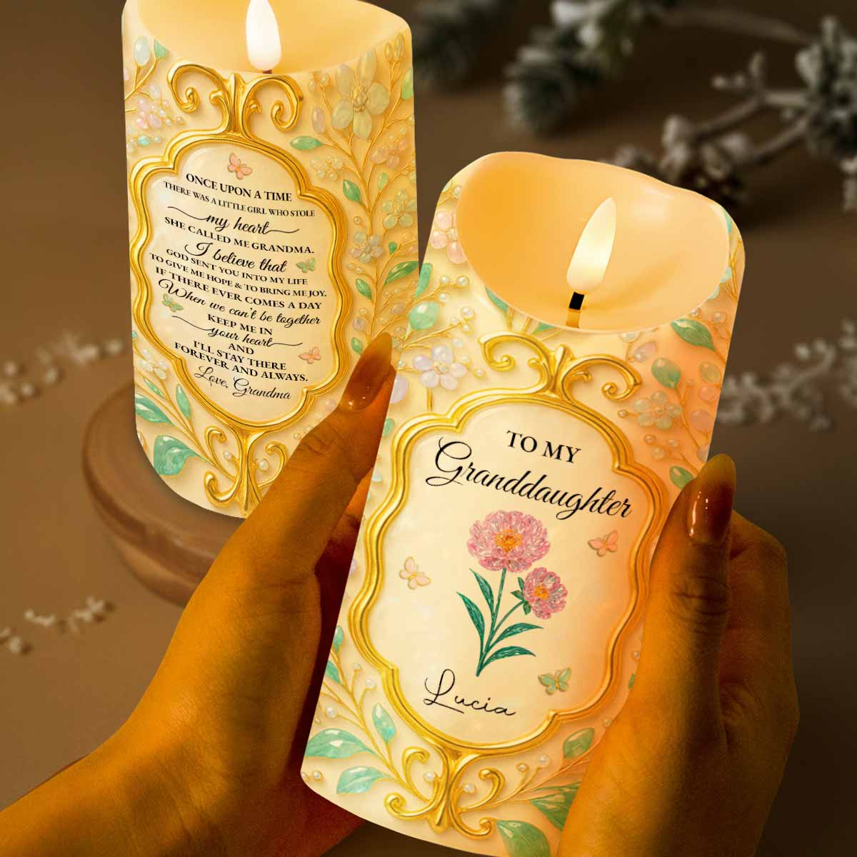 To My Granddaughter, Love Always, Flowers And Leaves Design - Personalized Custom LED Candle - GDT416_LECA
