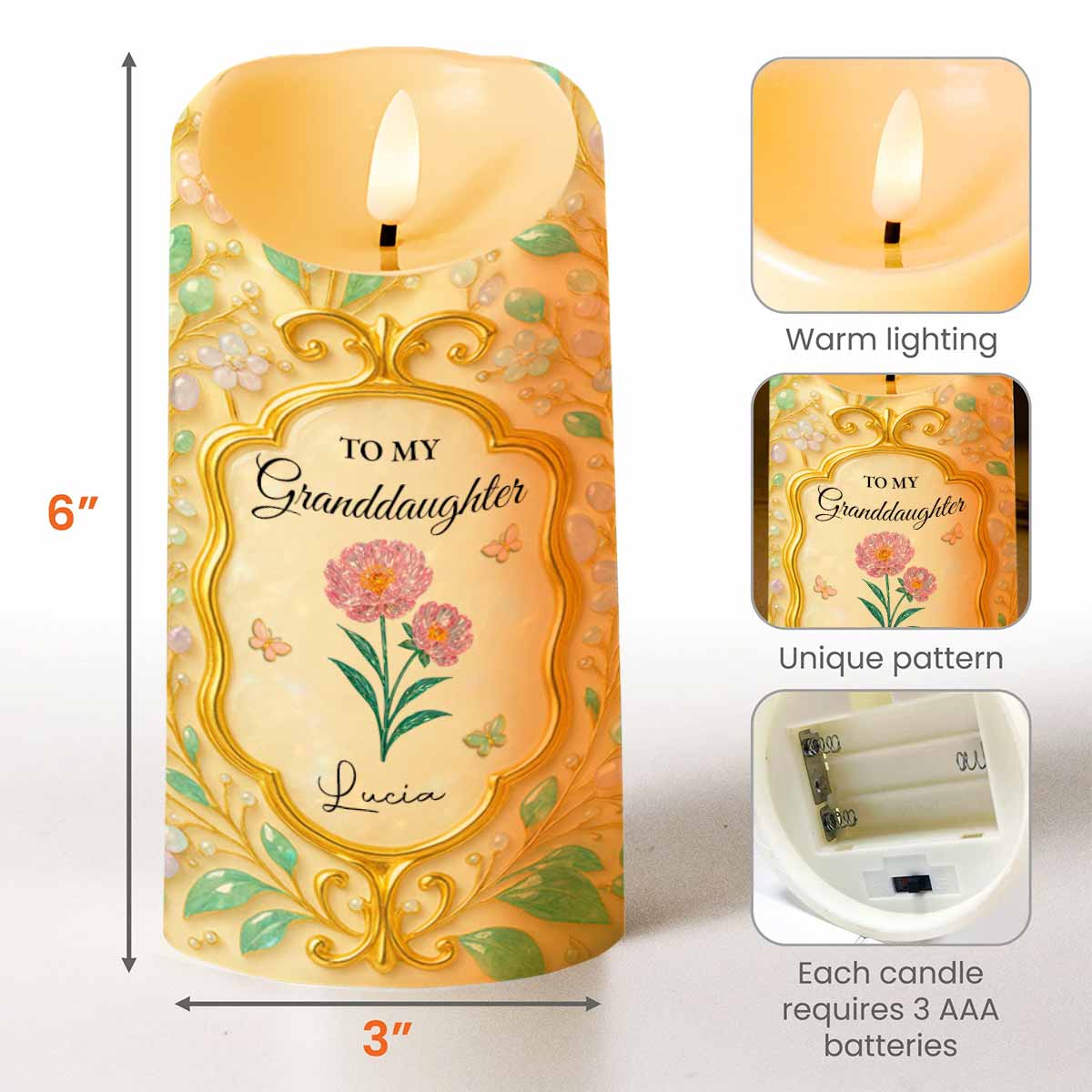 To My Granddaughter, Love Always, Flowers And Leaves Design - Personalized Custom LED Candle - GDT416_LECA