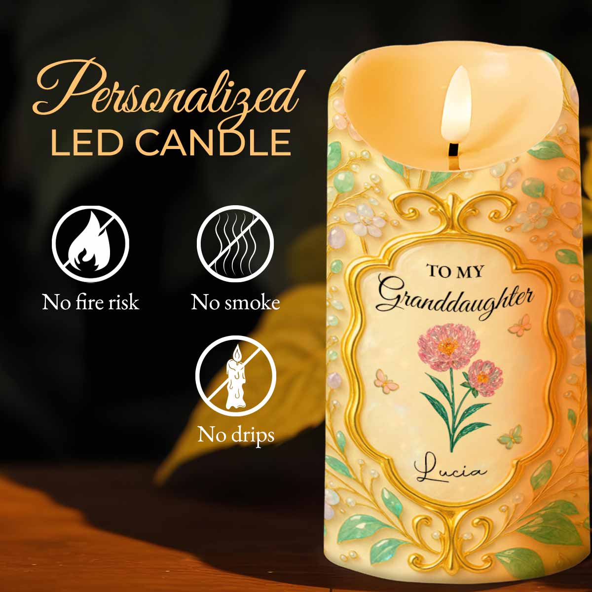 To My Granddaughter, Love Always, Flowers And Leaves Design - Personalized Custom LED Candle - GDT416_LECA