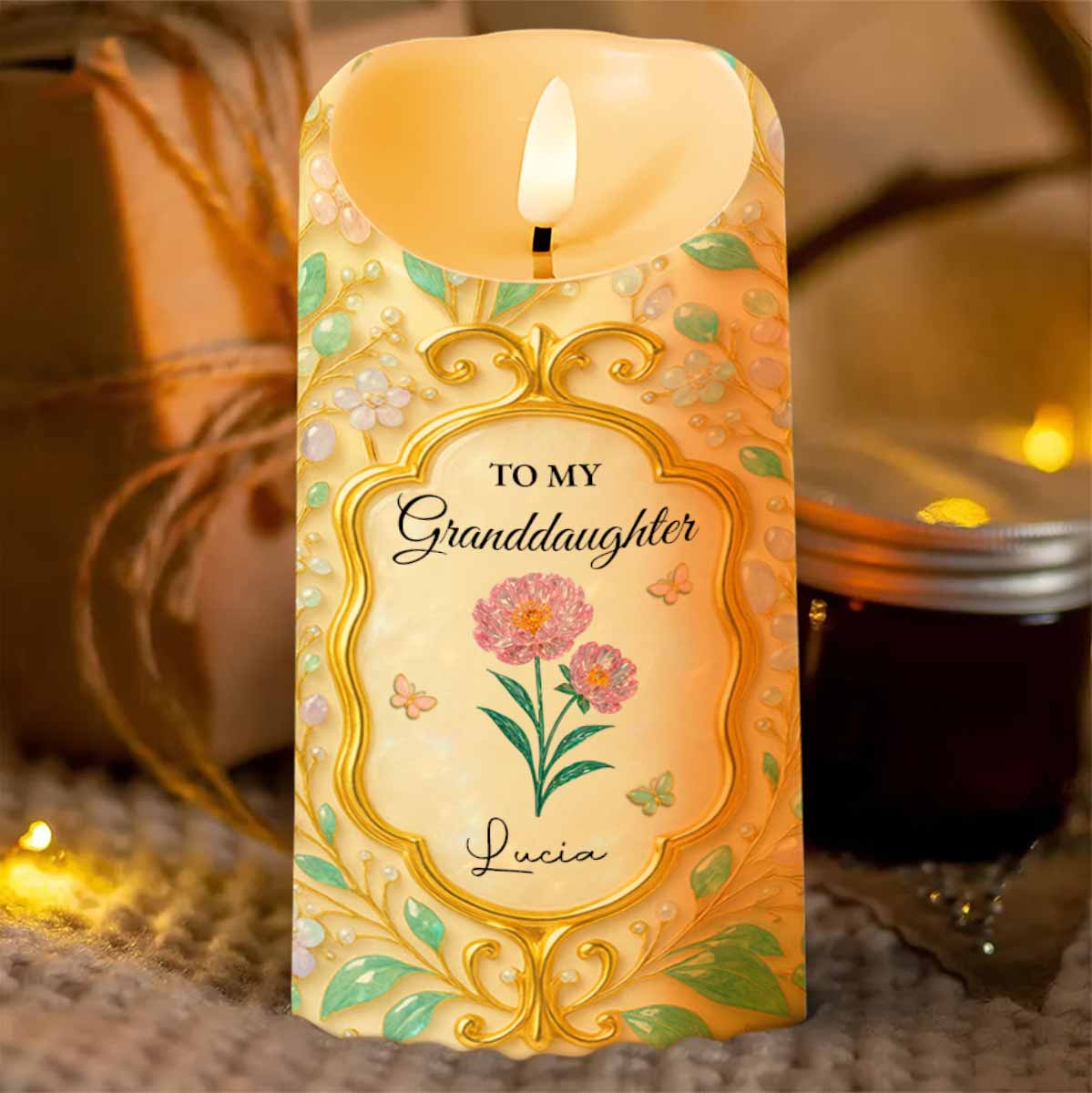 To My Granddaughter, Love Always, Flowers And Leaves Design - Personalized Custom LED Candle - GDT416_LECA
