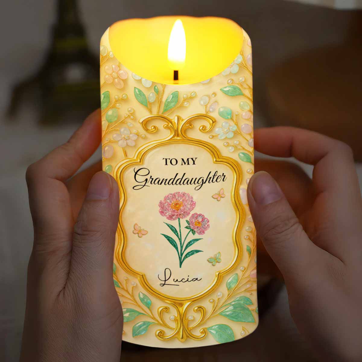To My Granddaughter, Love Always, Flowers And Leaves Design - Personalized Custom LED Candle - GDT416_LECA