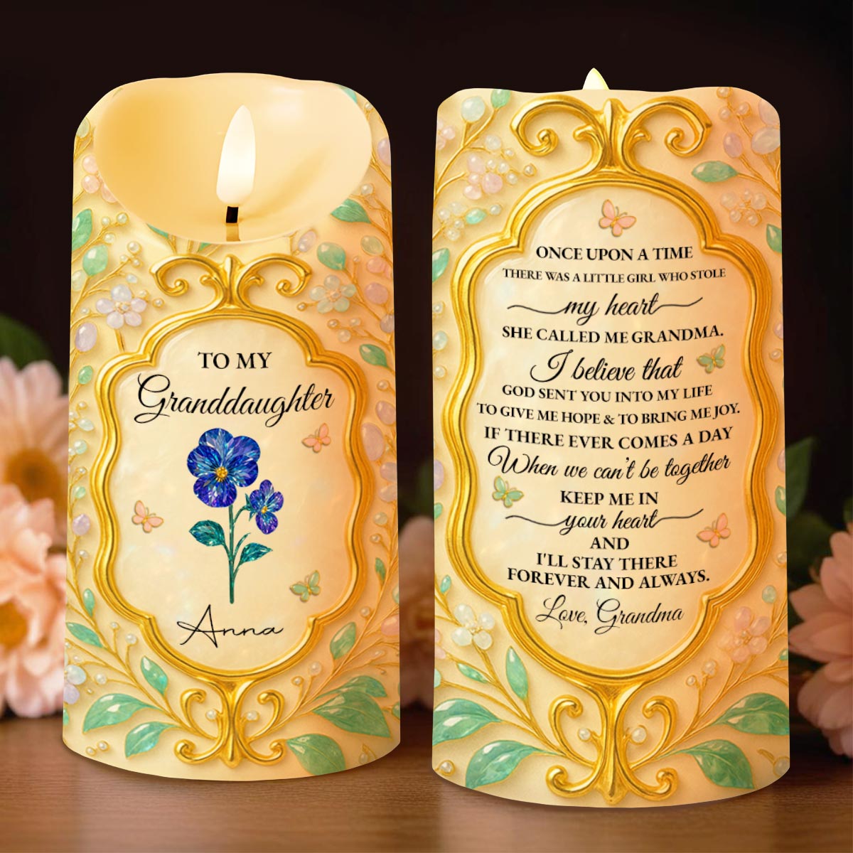 To My Granddaughter, Love Always, Flowers And Leaves Design - Personalized Custom LED Candle - GDT416_LECA