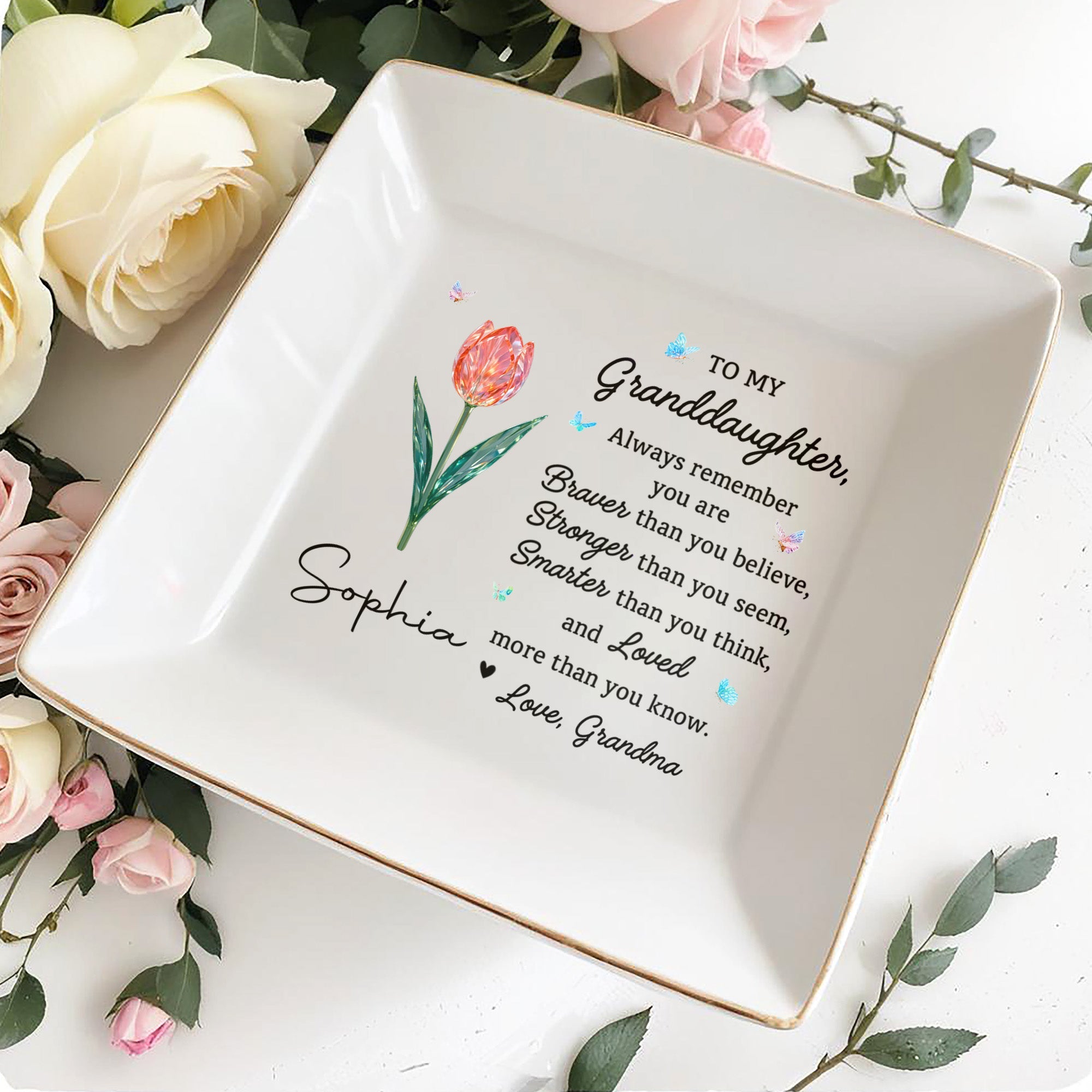 To My Granddaughter, Always Remember You Are Braver, Flower and Butterflies - Personalized Custom Jewelry Dish, Square Ceramic Dish - GDT416_SCRD