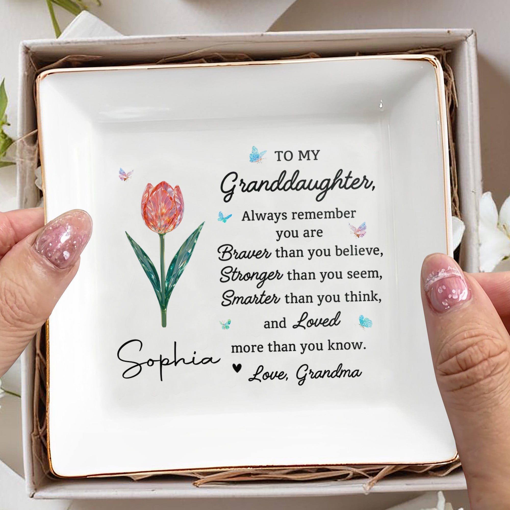 To My Granddaughter, Always Remember You Are Braver, Flower and Butterflies - Personalized Custom Jewelry Dish, Square Ceramic Dish - GDT416_SCRD