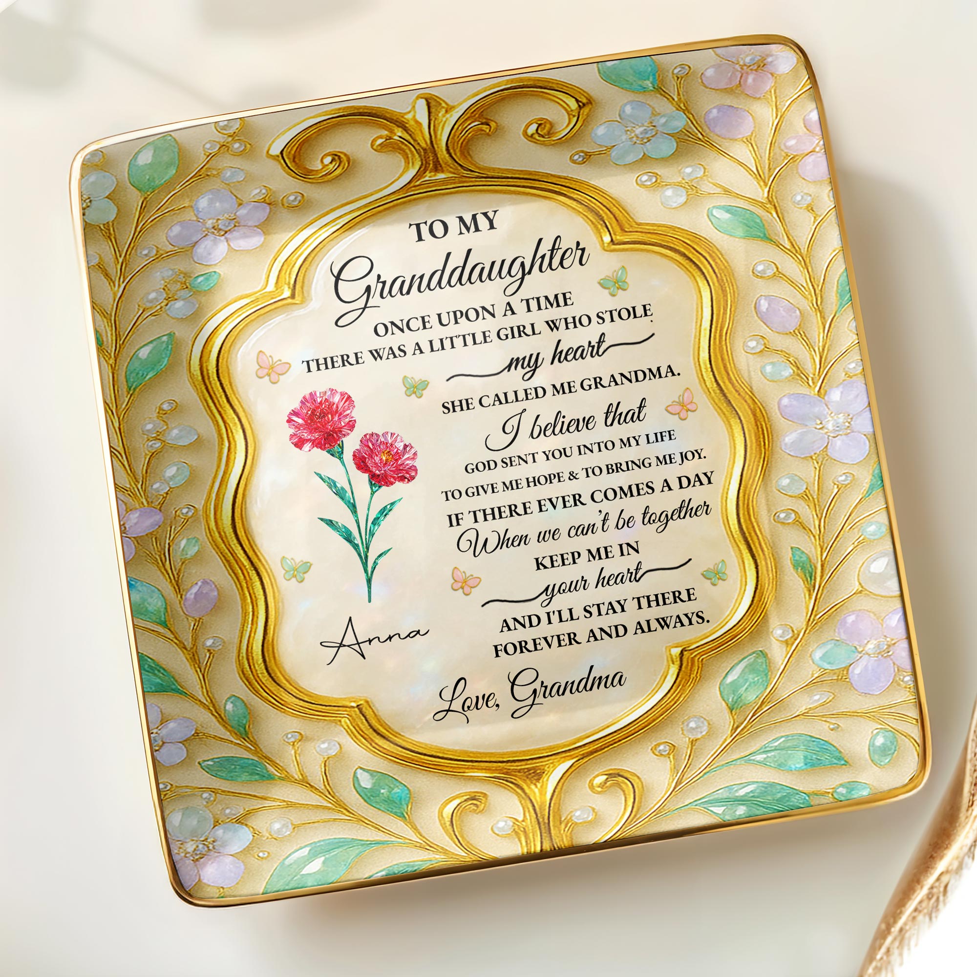 To My Granddaughter, Once Upon A Time, Flowers - Personalized Custom Jewelry Dish, Ceramic Dish, Square Shape - GDT416_SCRF