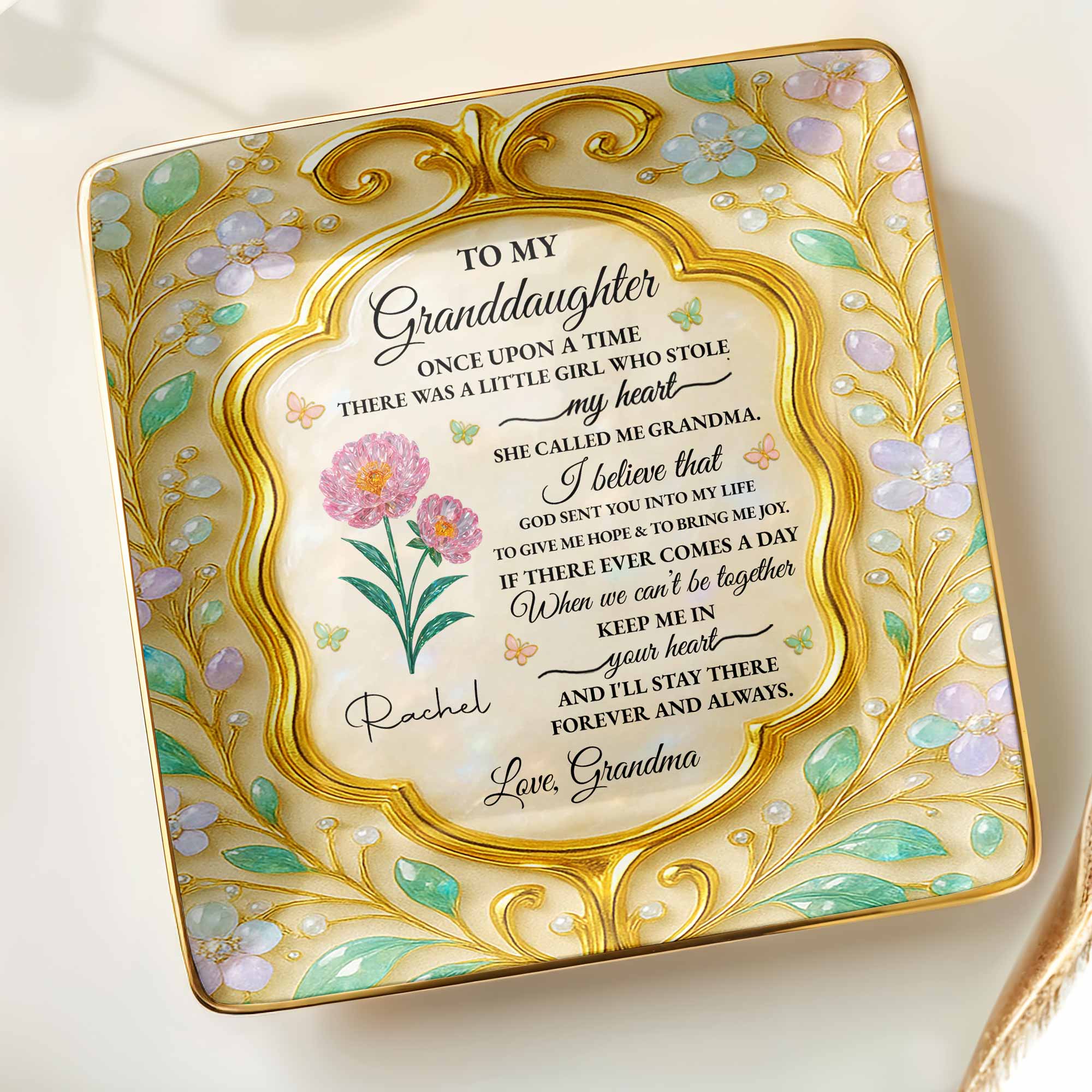 To My Granddaughter, Once Upon A Time, Flowers - Personalized Custom Jewelry Dish, Ceramic Dish, Square Shape - GDT416_SCRF