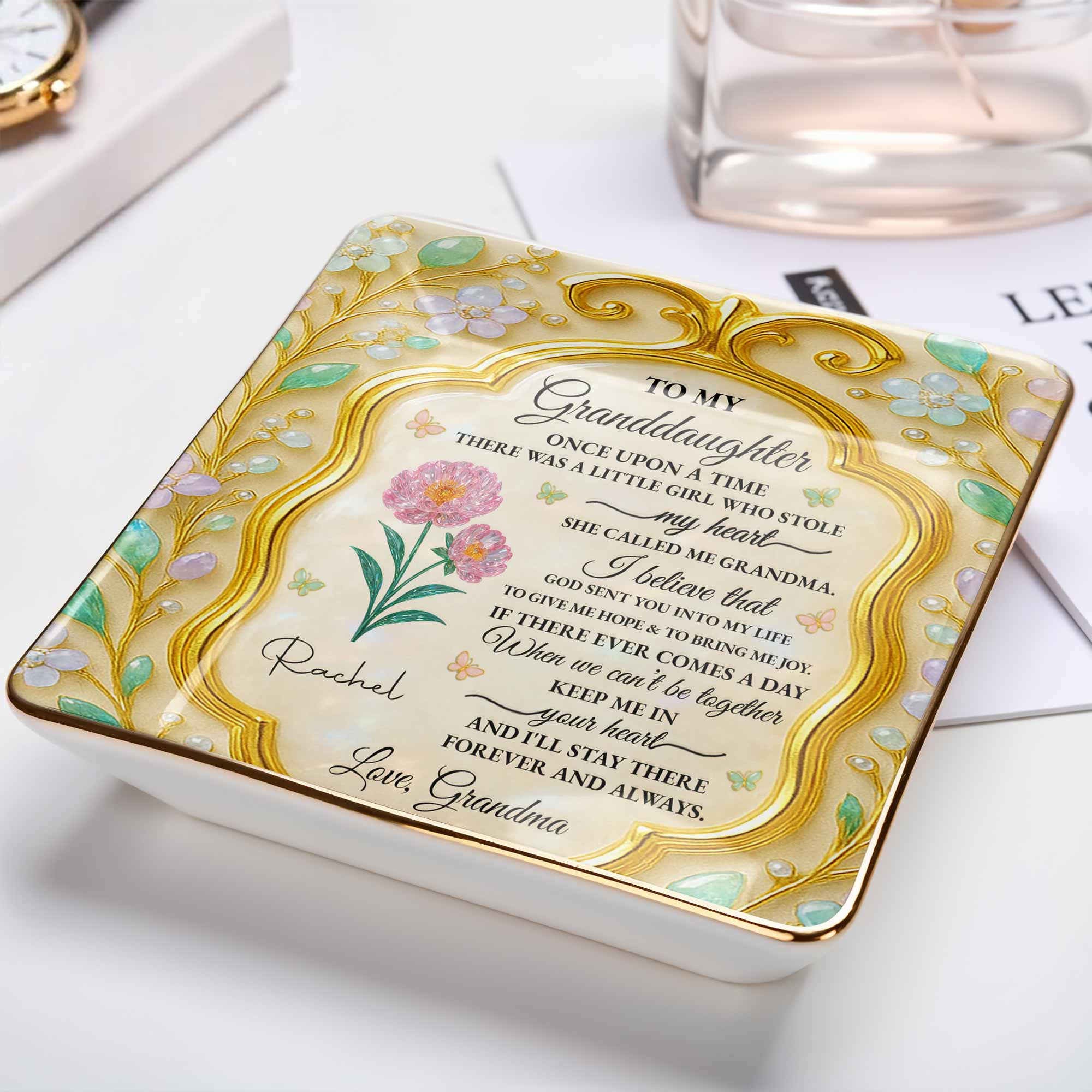 To My Granddaughter, Once Upon A Time, Flowers - Personalized Custom Jewelry Dish, Ceramic Dish, Square Shape - GDT416_SCRF