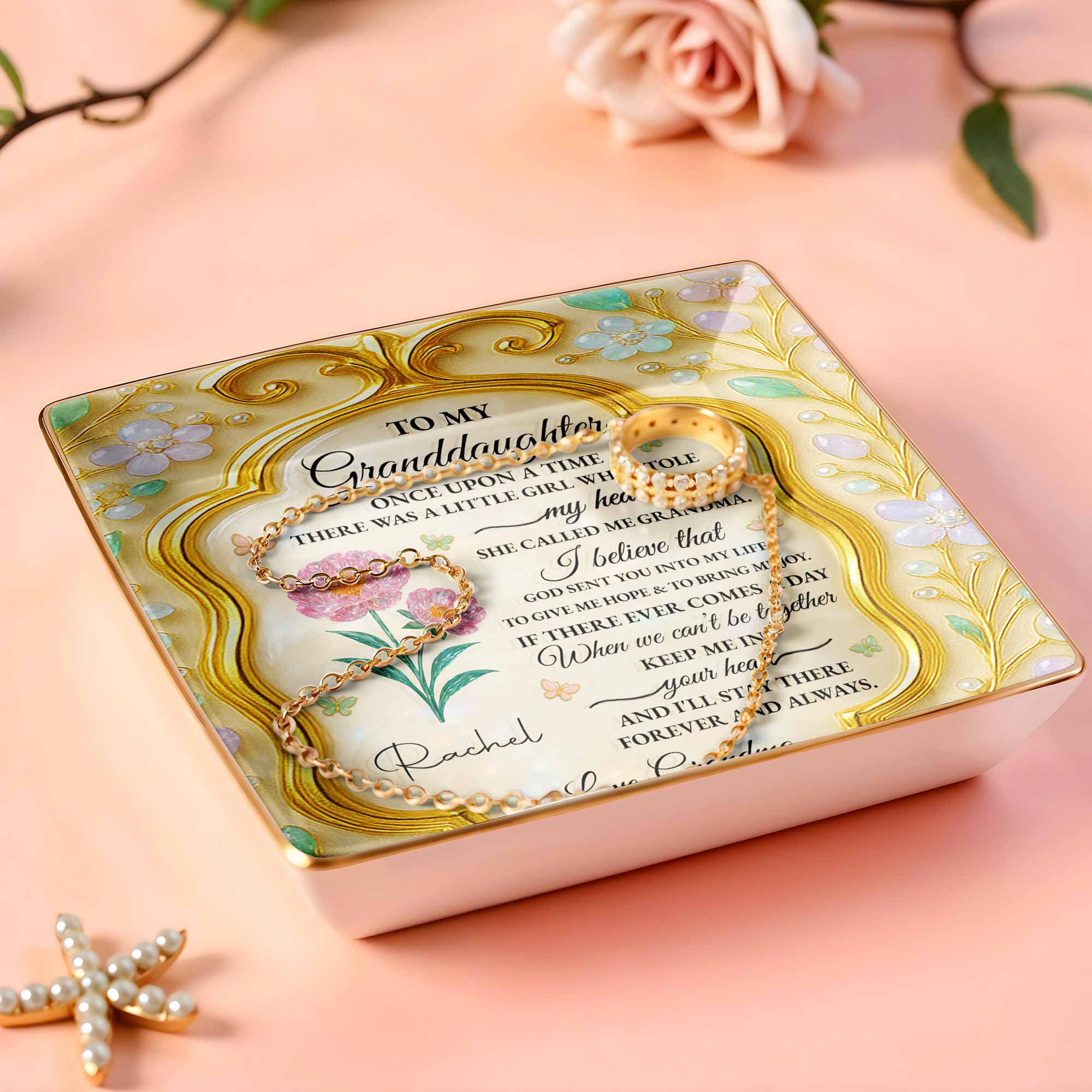 To My Granddaughter, Once Upon A Time, Flowers - Personalized Custom Jewelry Dish, Ceramic Dish, Square Shape - GDT416_SCRF