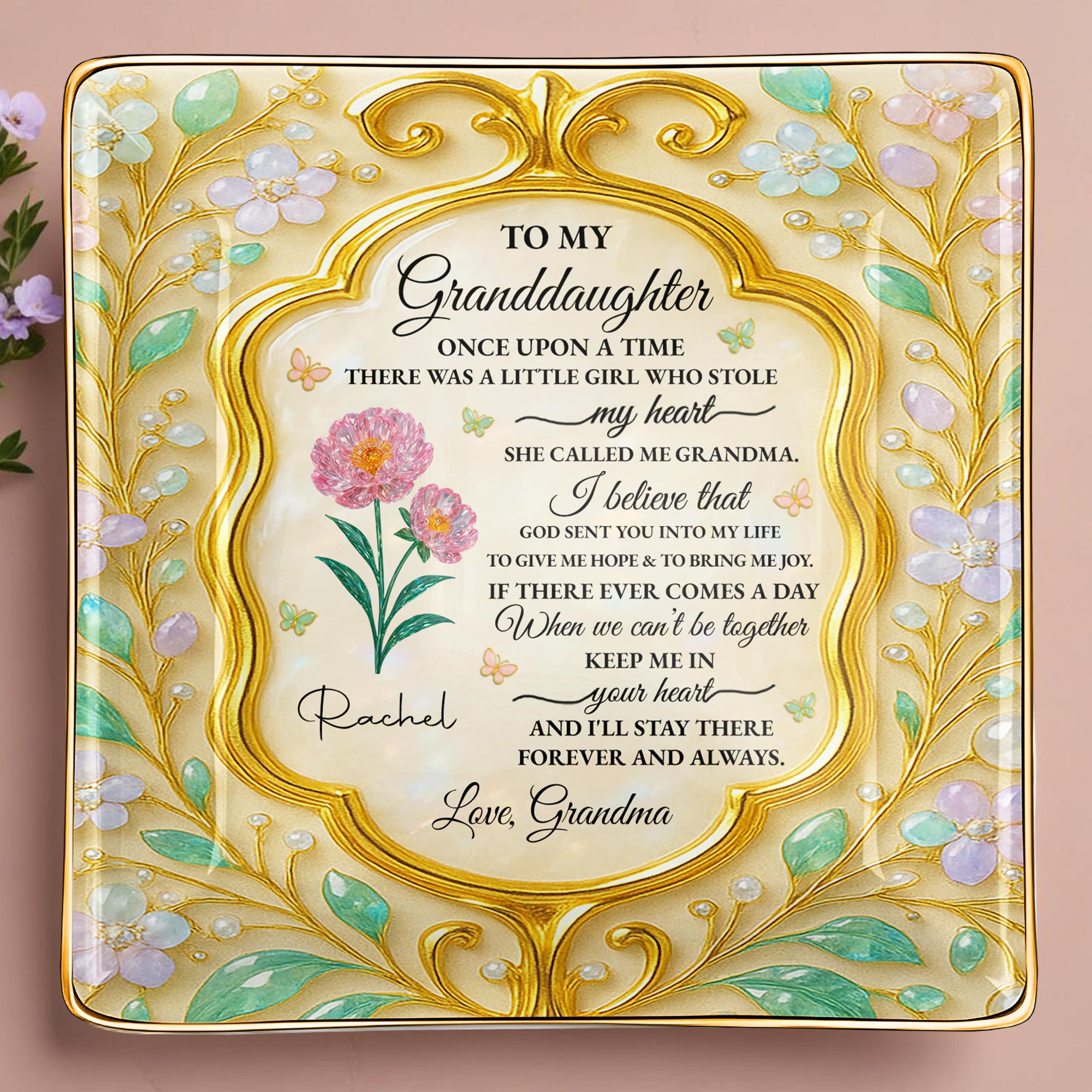 To My Granddaughter, Once Upon A Time, Flowers - Personalized Custom Jewelry Dish, Ceramic Dish, Square Shape - GDT416_SCRF