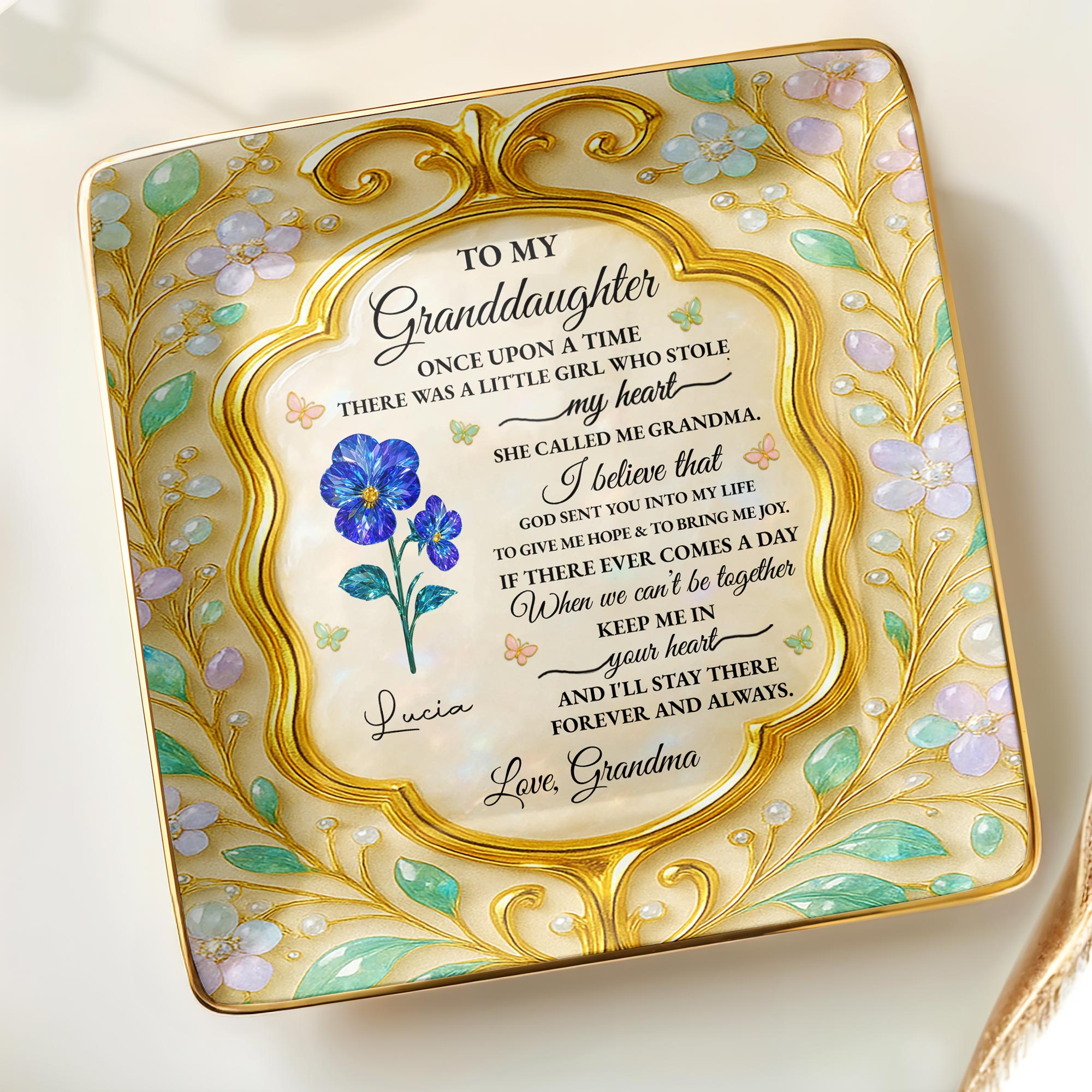 To My Granddaughter, Once Upon A Time, Flowers - Personalized Custom Jewelry Dish, Ceramic Dish, Square Shape - GDT416_SCRF