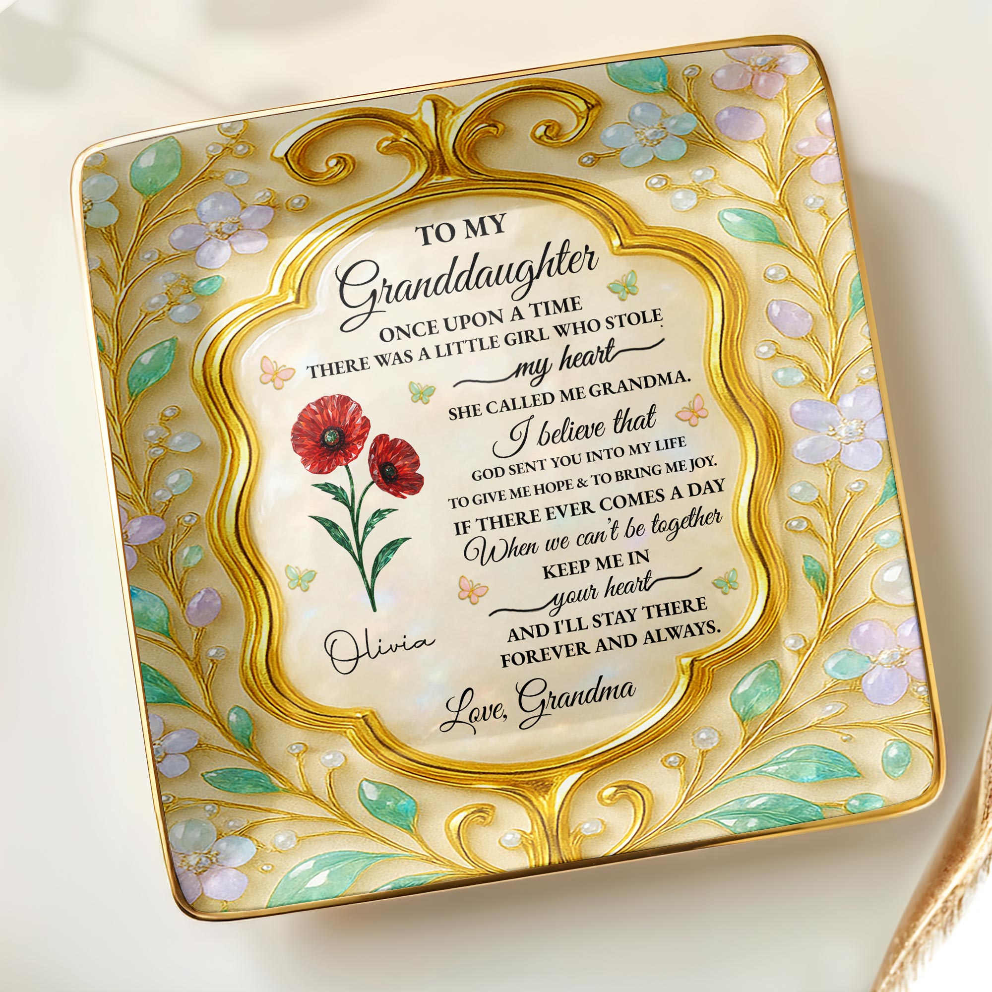 To My Granddaughter, Once Upon A Time, Flowers - Personalized Custom Jewelry Dish, Ceramic Dish, Square Shape - GDT416_SCRF