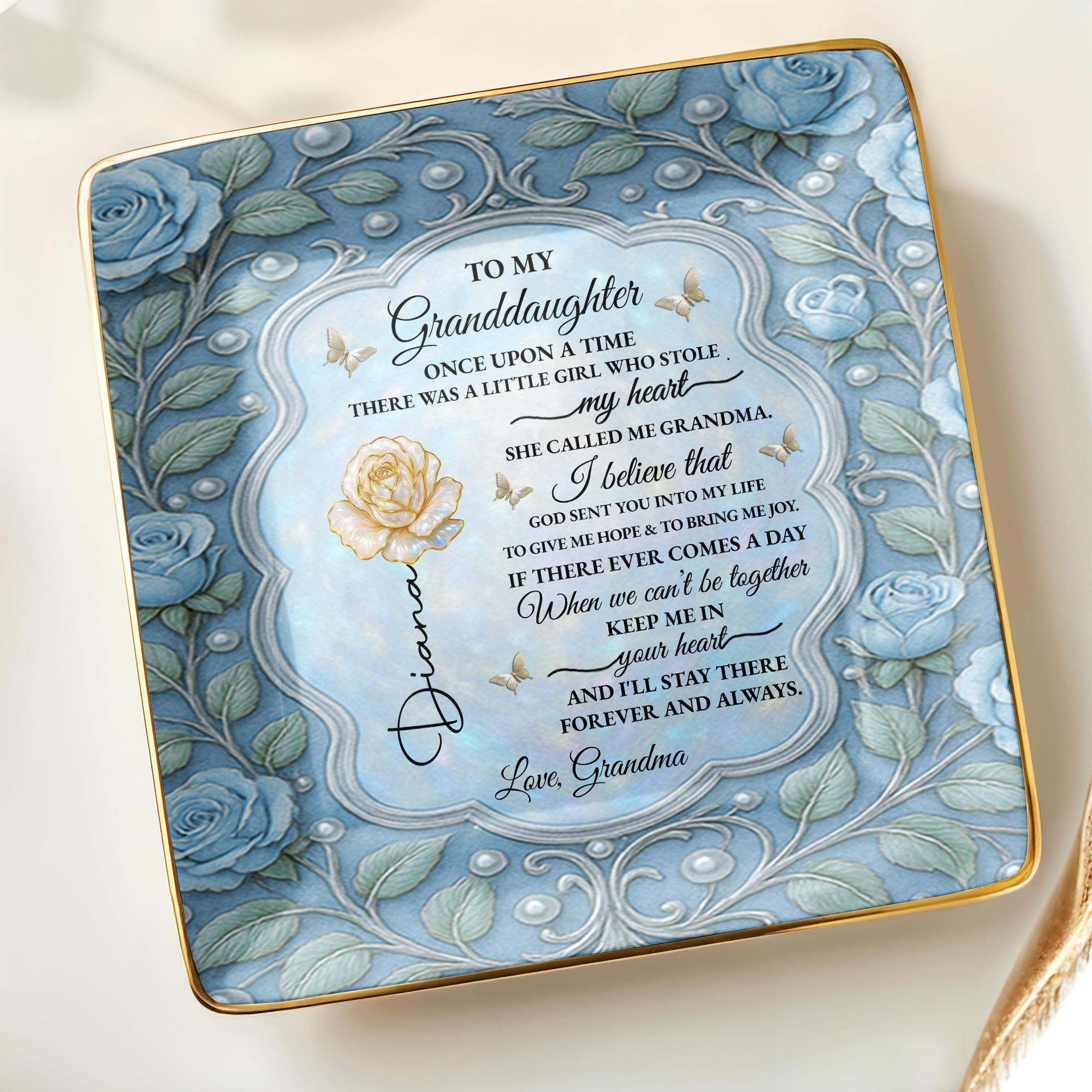 To My Granddaughter, Once Upon A Time, With Roses And Butterflies - Personalized Custom Jewelry Dish, Ceramic Dish, Square Shape - GDT417_SCRF
