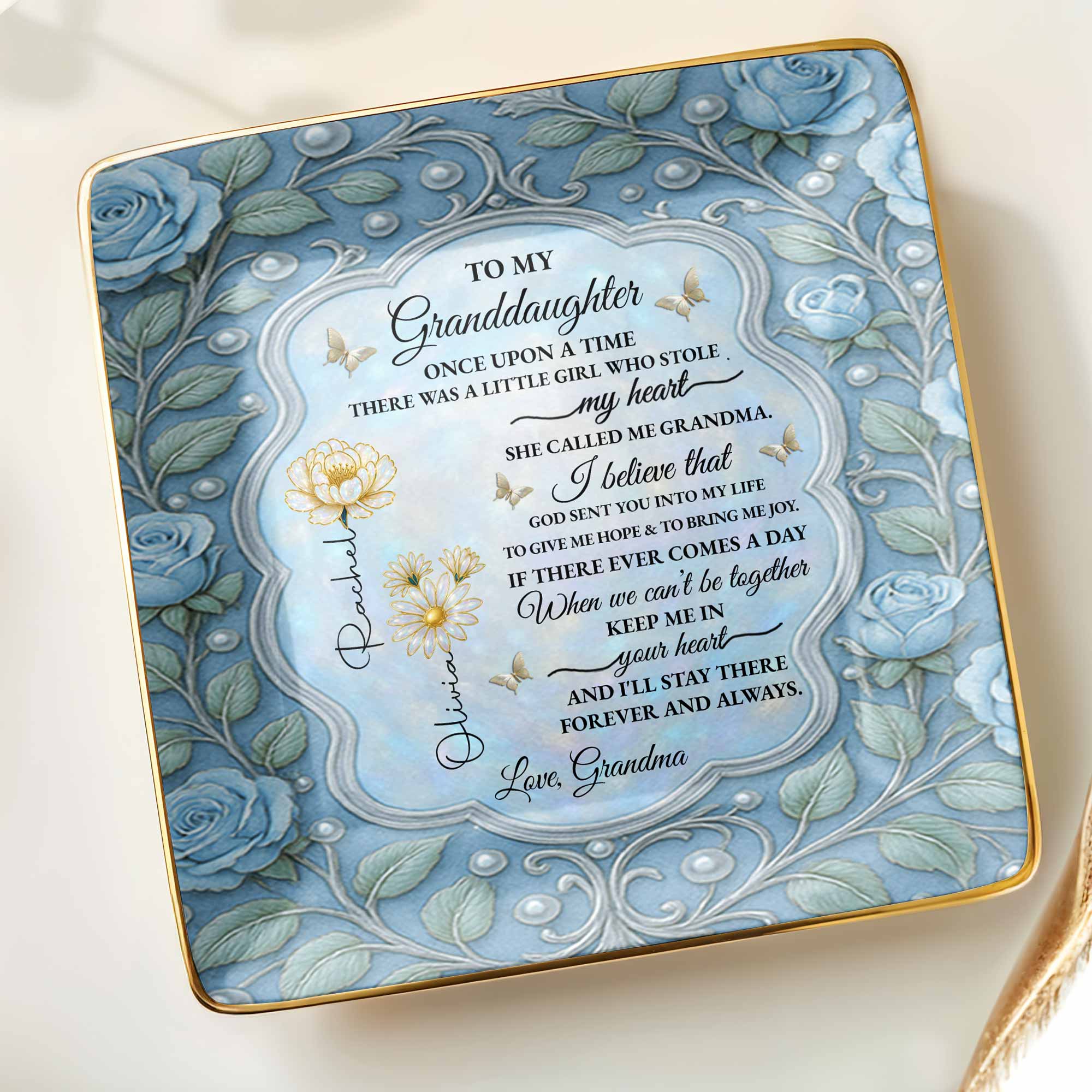To My Granddaughter, Once Upon A Time, With Roses And Butterflies - Personalized Custom Jewelry Dish, Ceramic Dish, Square Shape - GDT417_SCRF