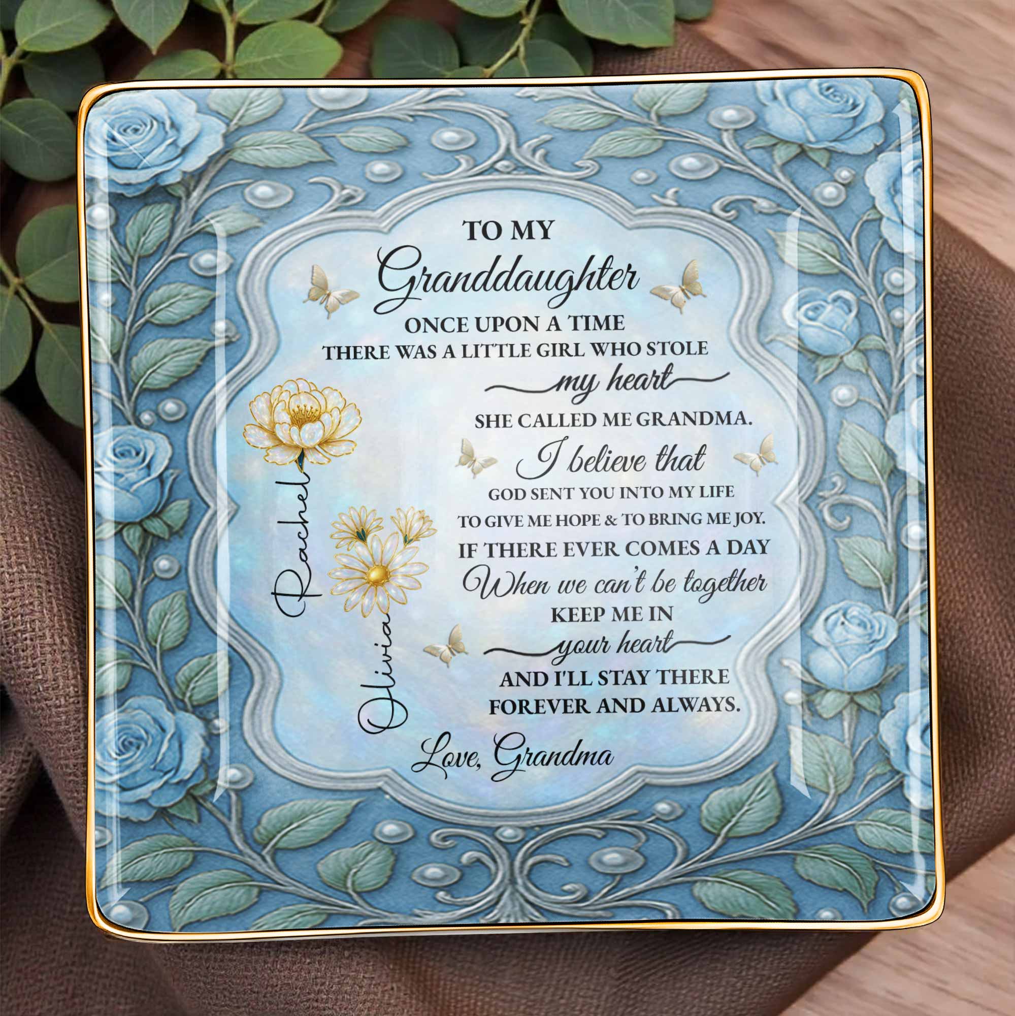 To My Granddaughter, Once Upon A Time, With Roses And Butterflies - Personalized Custom Jewelry Dish, Ceramic Dish, Square Shape - GDT417_SCRF