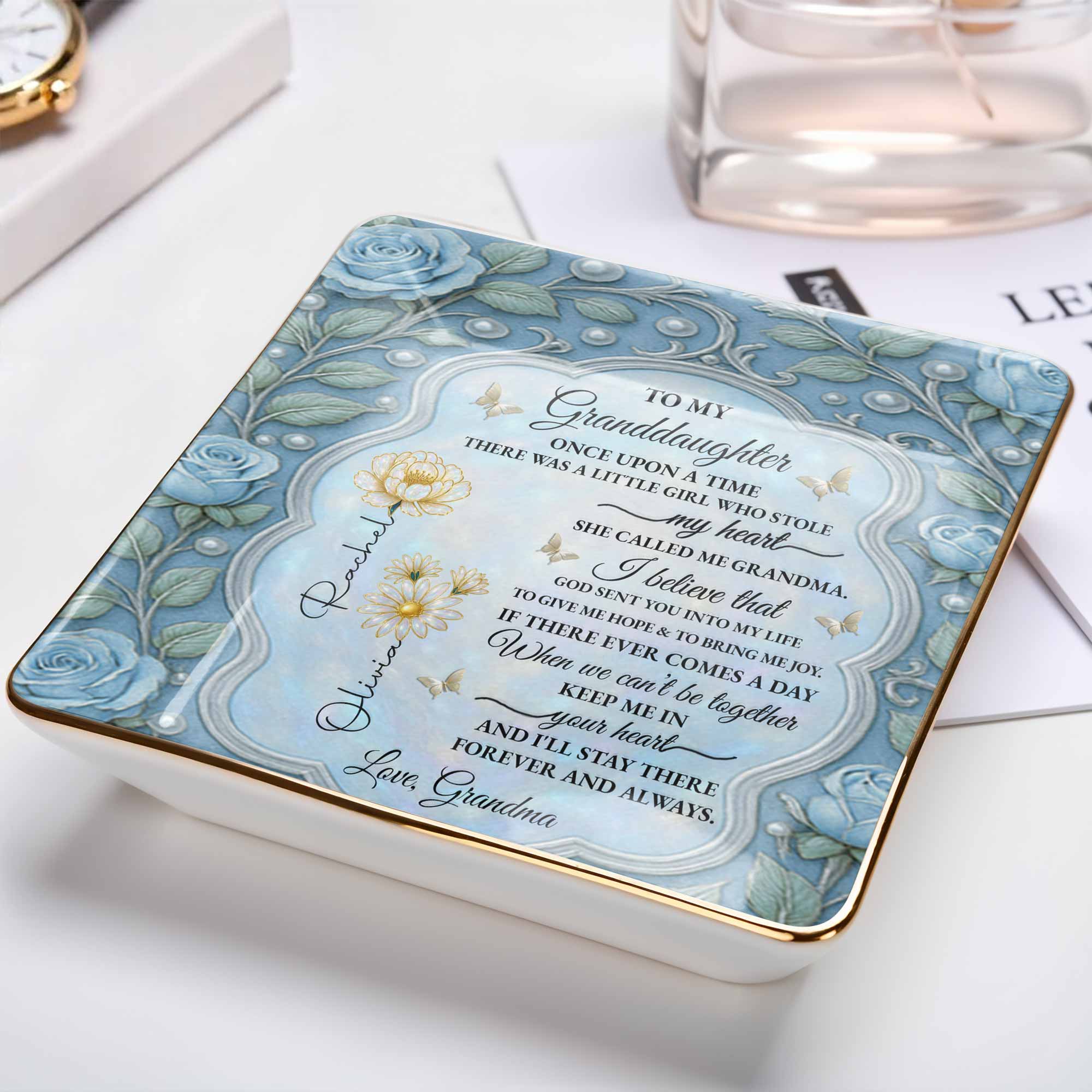 To My Granddaughter, Once Upon A Time, With Roses And Butterflies - Personalized Custom Jewelry Dish, Ceramic Dish, Square Shape - GDT417_SCRF