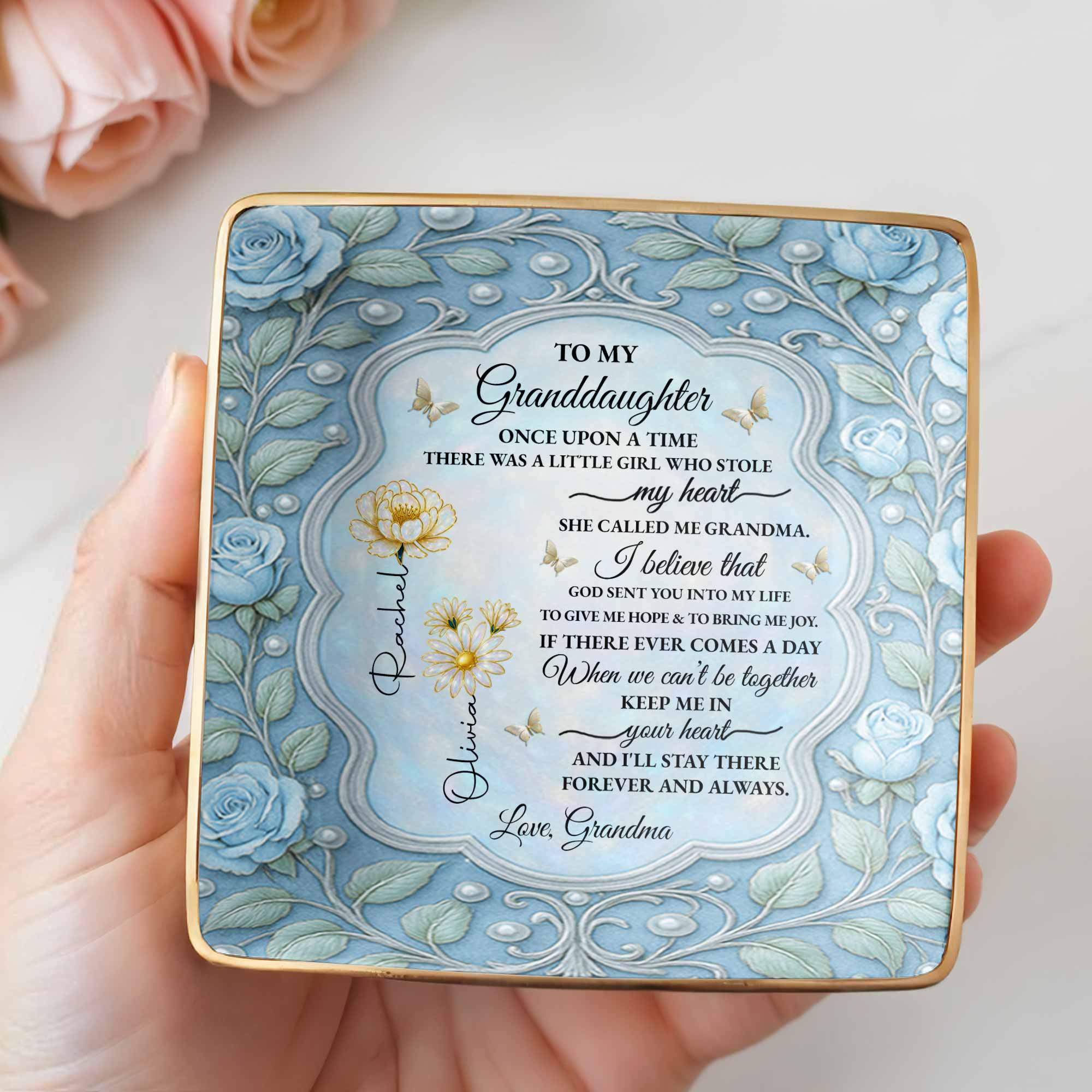 To My Granddaughter, Once Upon A Time, With Roses And Butterflies - Personalized Custom Jewelry Dish, Ceramic Dish, Square Shape - GDT417_SCRF