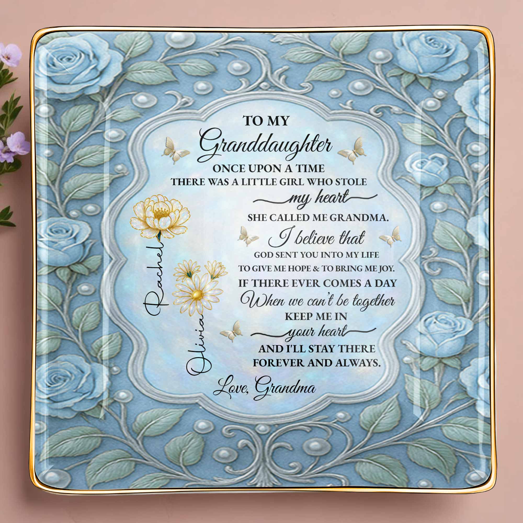 To My Granddaughter, Once Upon A Time, With Roses And Butterflies - Personalized Custom Jewelry Dish, Ceramic Dish, Square Shape - GDT417_SCRF