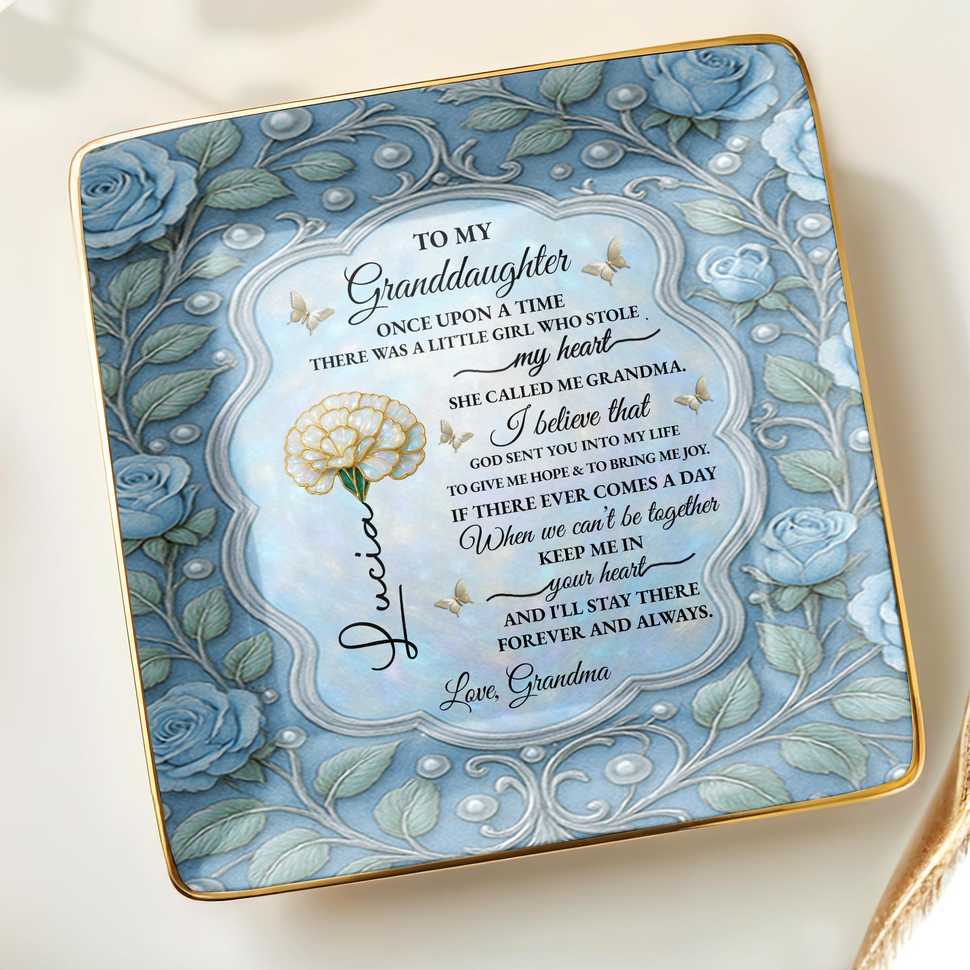 To My Granddaughter, Once Upon A Time, With Roses And Butterflies - Personalized Custom Jewelry Dish, Ceramic Dish, Square Shape - GDT417_SCRF