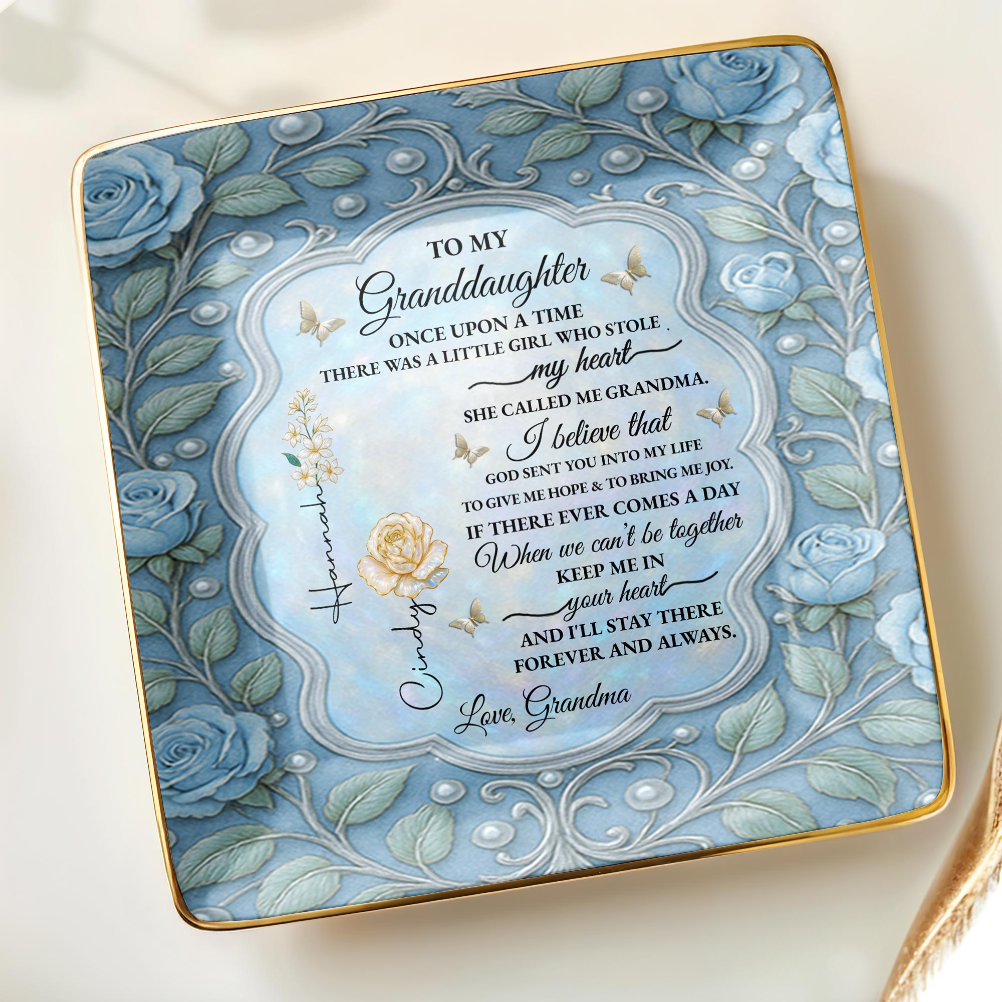 To My Granddaughter, Once Upon A Time, With Roses And Butterflies - Personalized Custom Jewelry Dish, Ceramic Dish, Square Shape - GDT417_SCRF