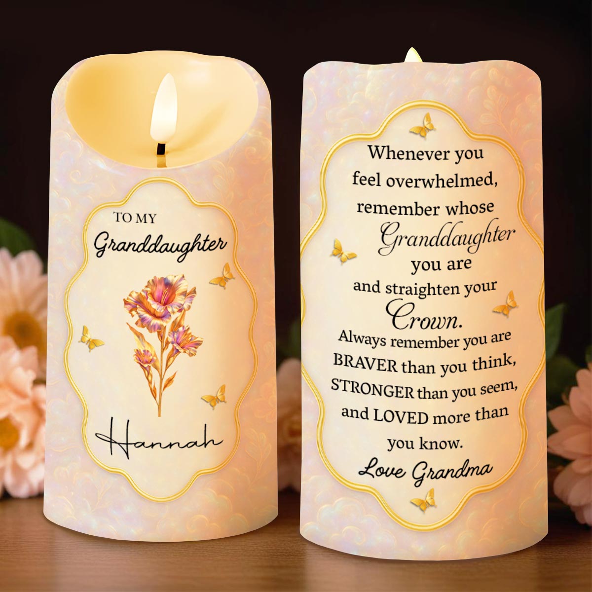 Remember Whose Granddaughter You Are, Flowers And Butterflies - Personalized Custom LED Candle - GDT431_LECA
