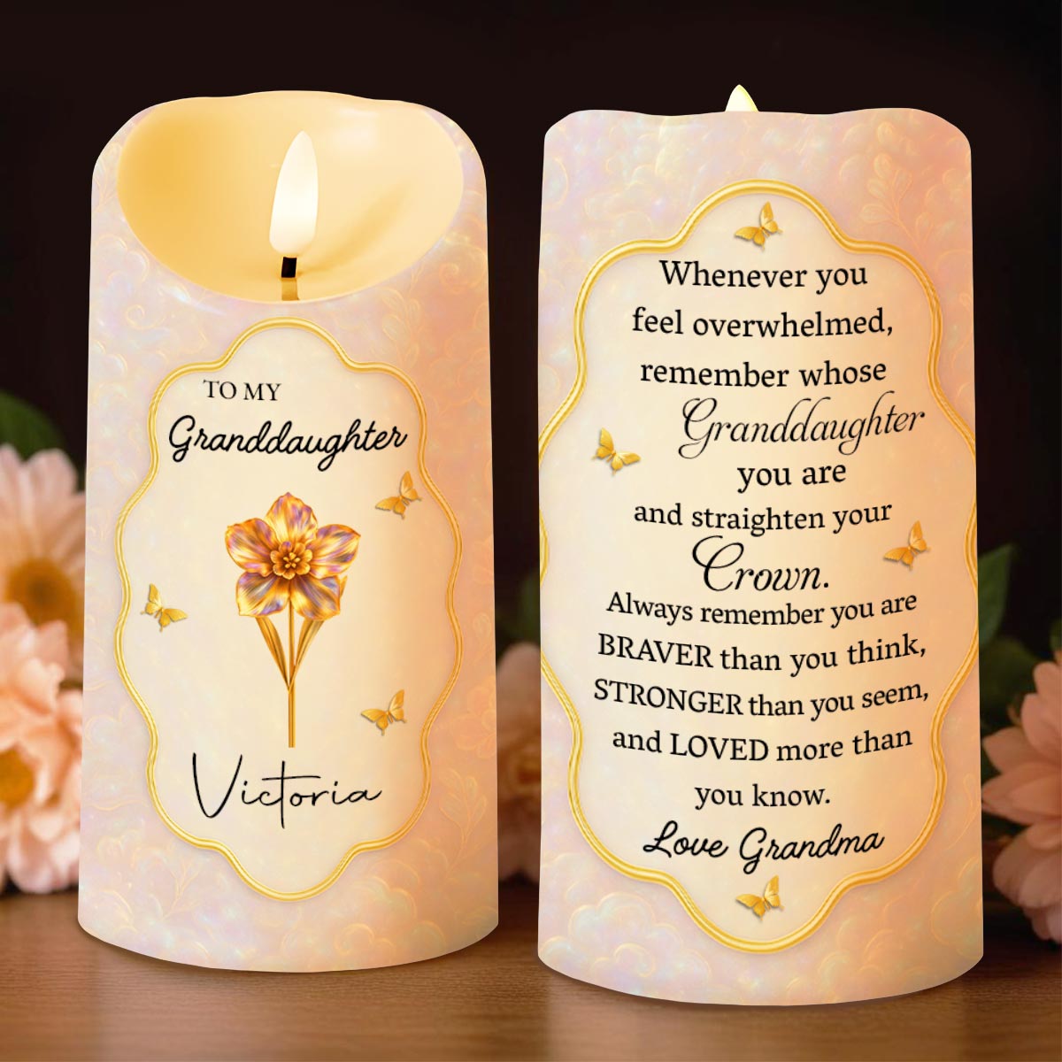 Remember Whose Granddaughter You Are, Flowers And Butterflies - Personalized Custom LED Candle - GDT431_LECA