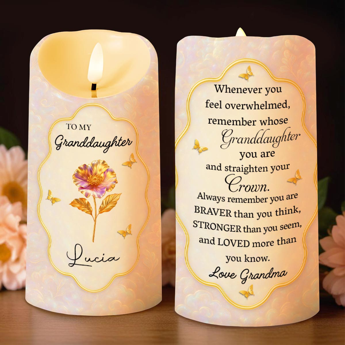 Remember Whose Granddaughter You Are, Flowers And Butterflies - Personalized Custom LED Candle - GDT431_LECA