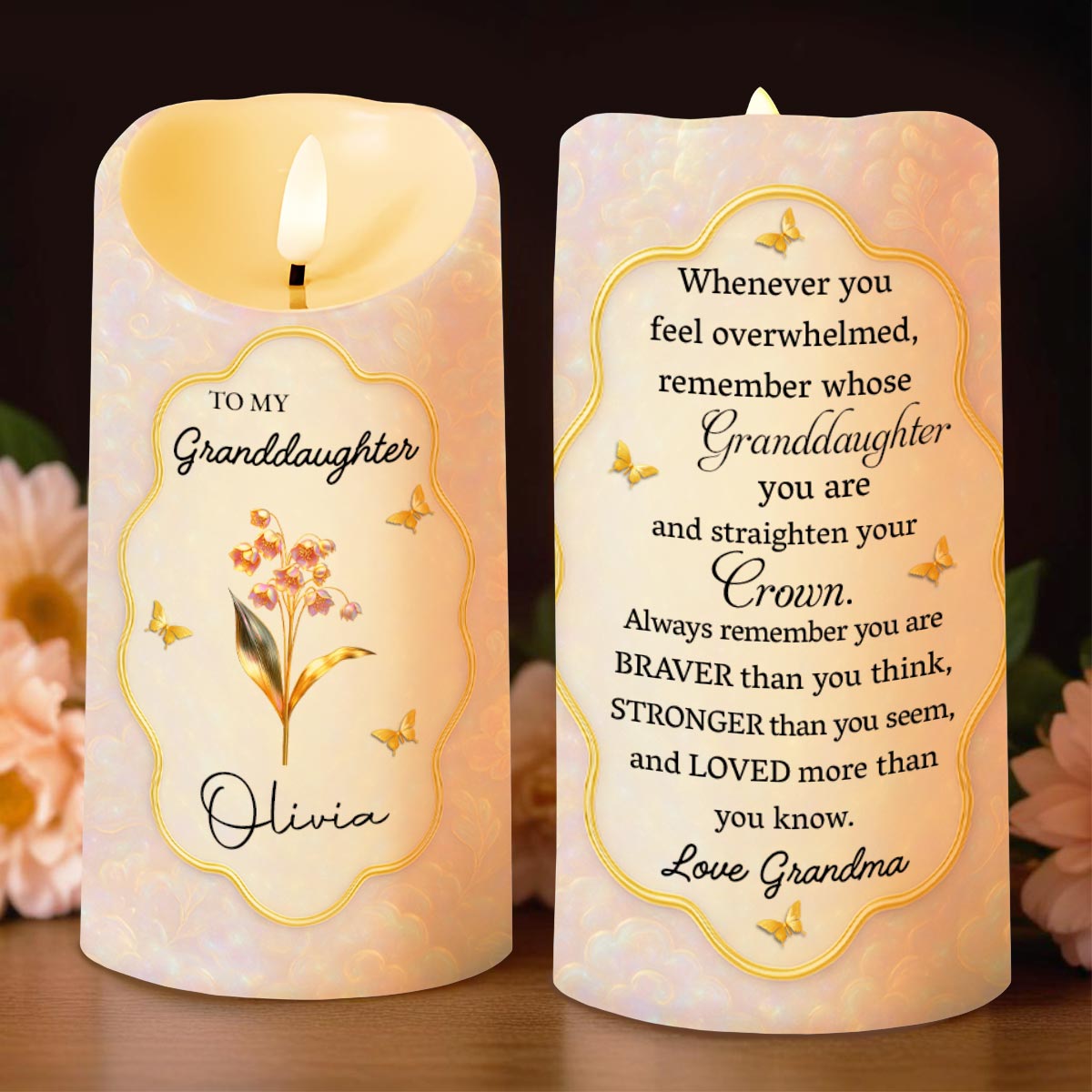 Remember Whose Granddaughter You Are, Flowers And Butterflies - Personalized Custom LED Candle - GDT431_LECA