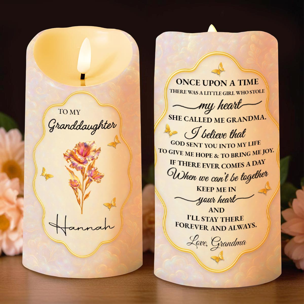 Once Upon A Time, Little Girl Stole My Heart, Flower and Butterfly Design - Personalized Custom LED Candle - GDT432_LECA
