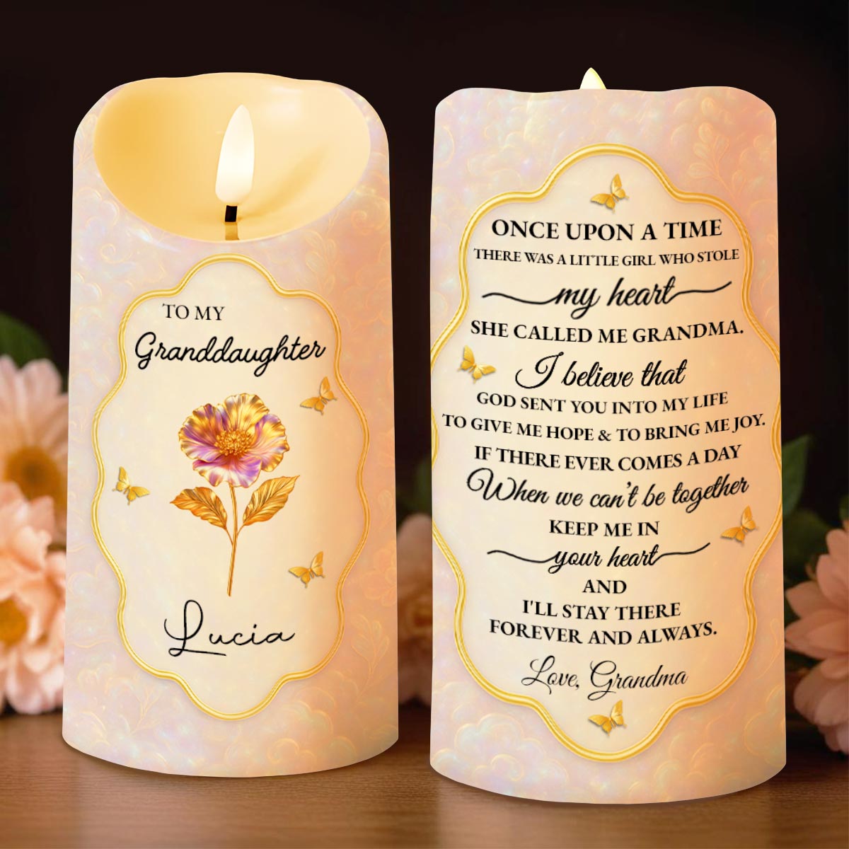 Once Upon A Time, Little Girl Stole My Heart, Flower and Butterfly Design - Personalized Custom LED Candle - GDT432_LECA