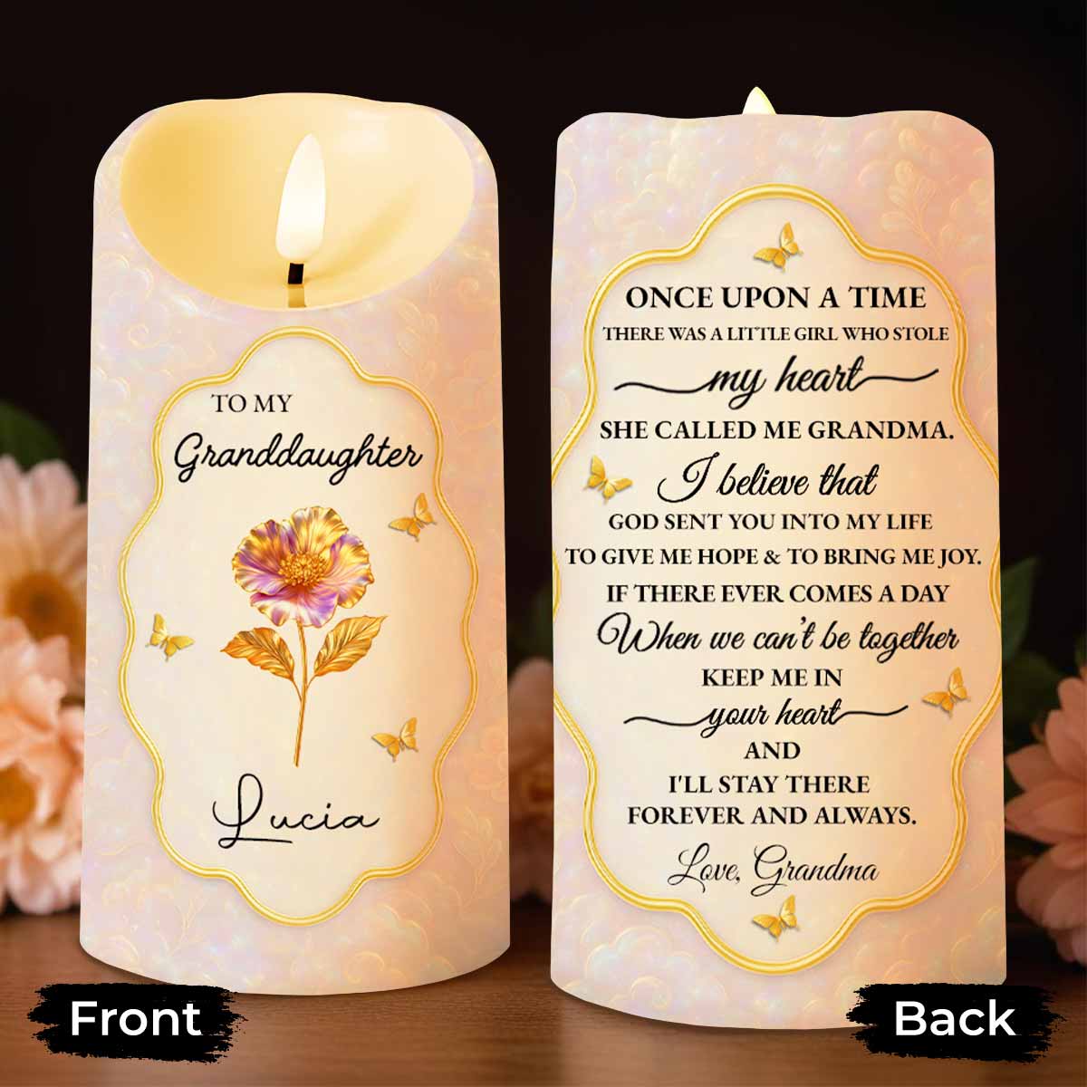 Once Upon A Time, Little Girl Stole My Heart, Flower and Butterfly Design - Personalized Custom LED Candle - GDT432_LECA