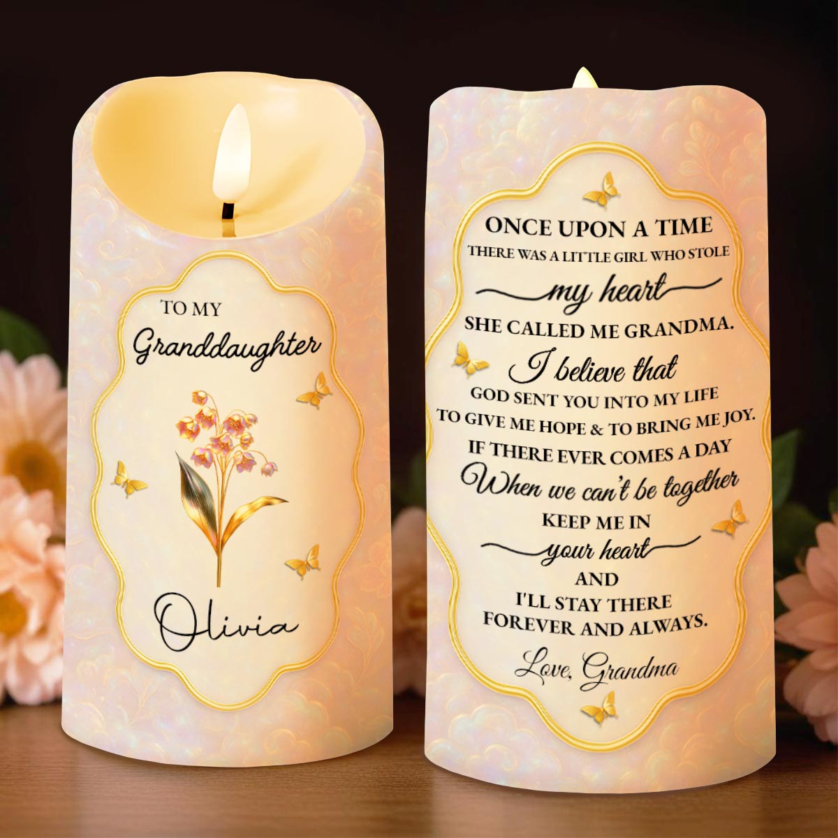 Once Upon A Time, Little Girl Stole My Heart, Flower and Butterfly Design - Personalized Custom LED Candle - GDT432_LECA