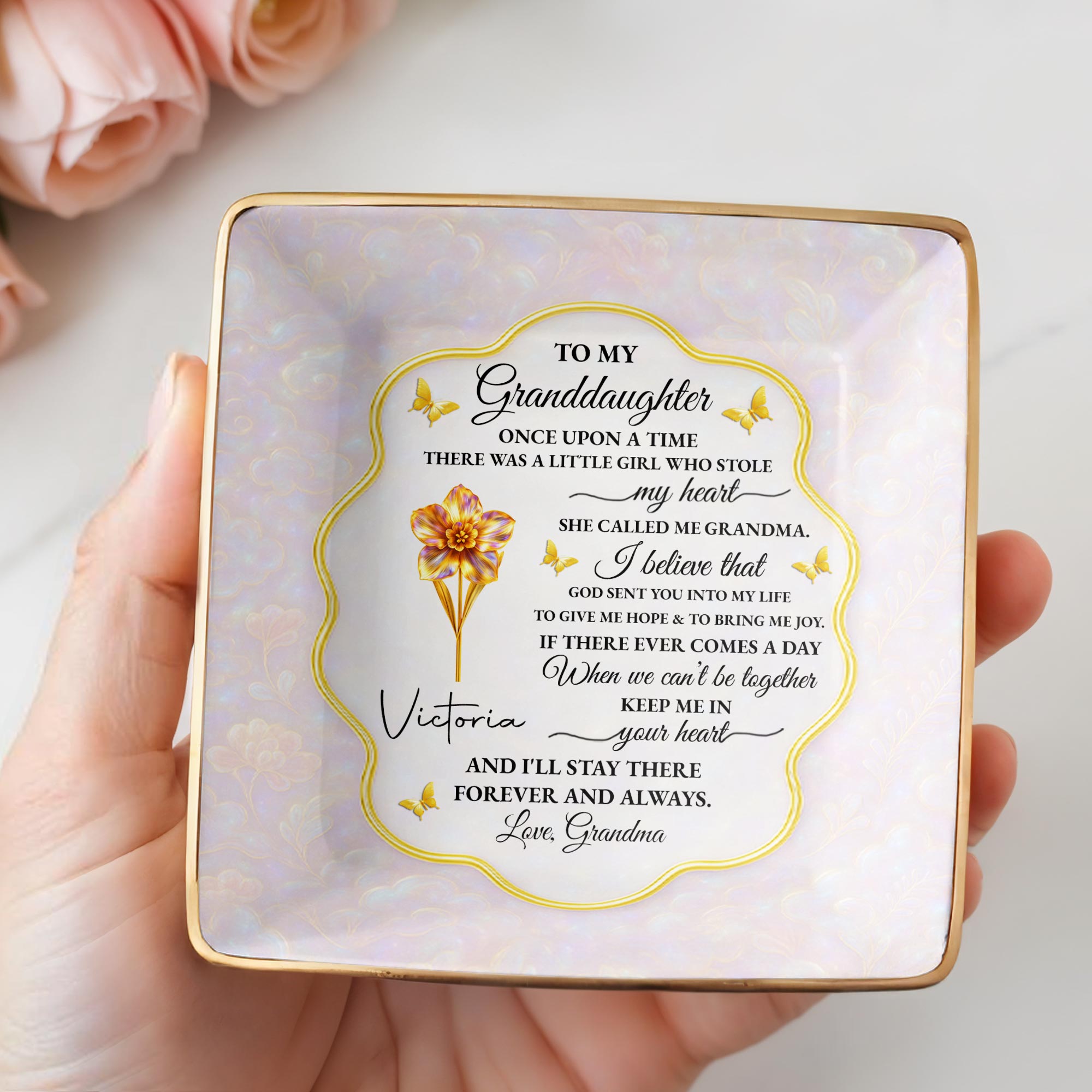 To My Granddaughter, Love Forever, Flowers And Swirls Design - Personalized Custom Jewelry Dish, Ceramic Dish, Square Shape - GDT432_SCRF