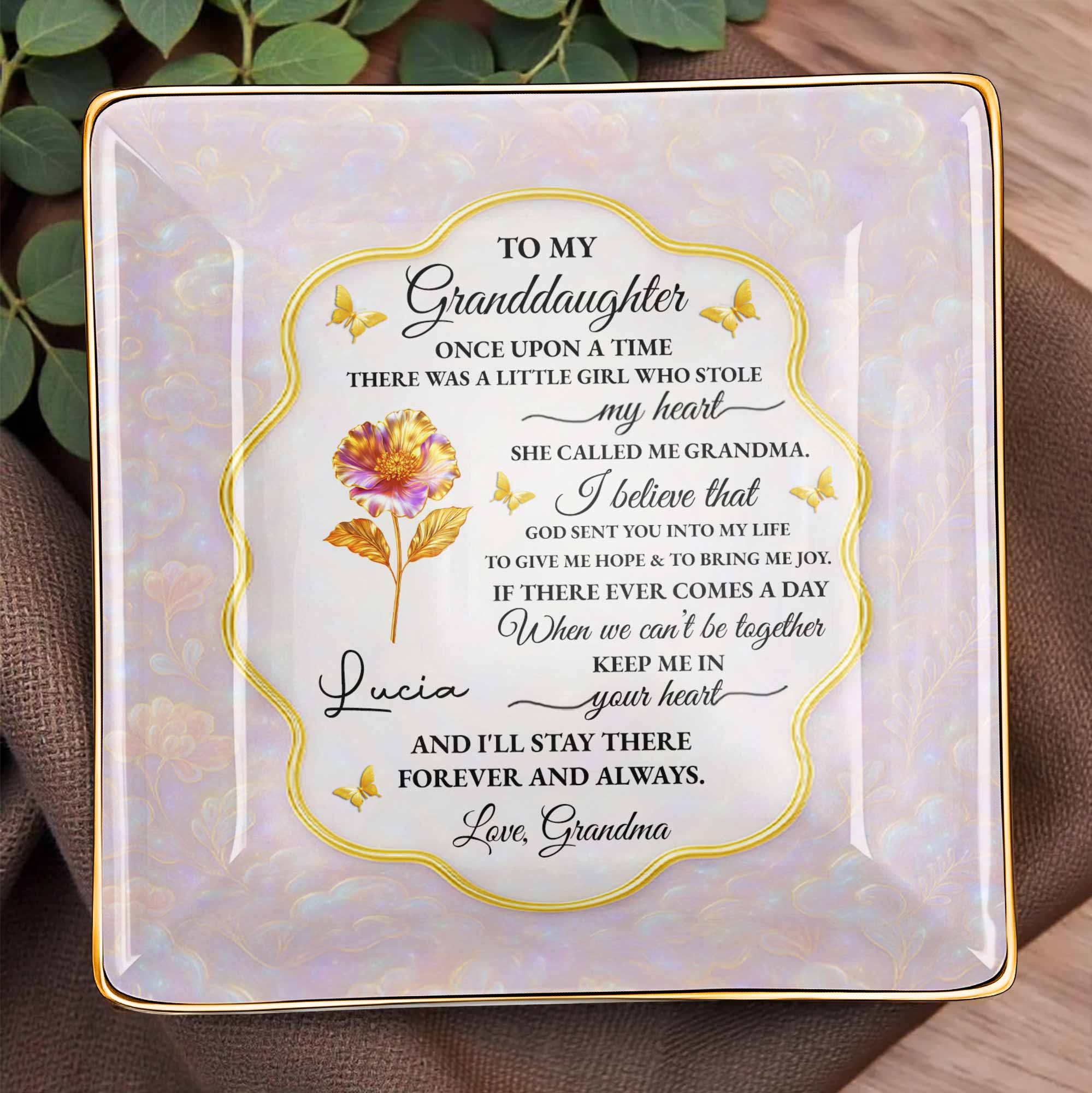 To My Granddaughter, Love Forever, Flowers And Swirls Design - Personalized Custom Jewelry Dish, Ceramic Dish, Square Shape - GDT432_SCRF