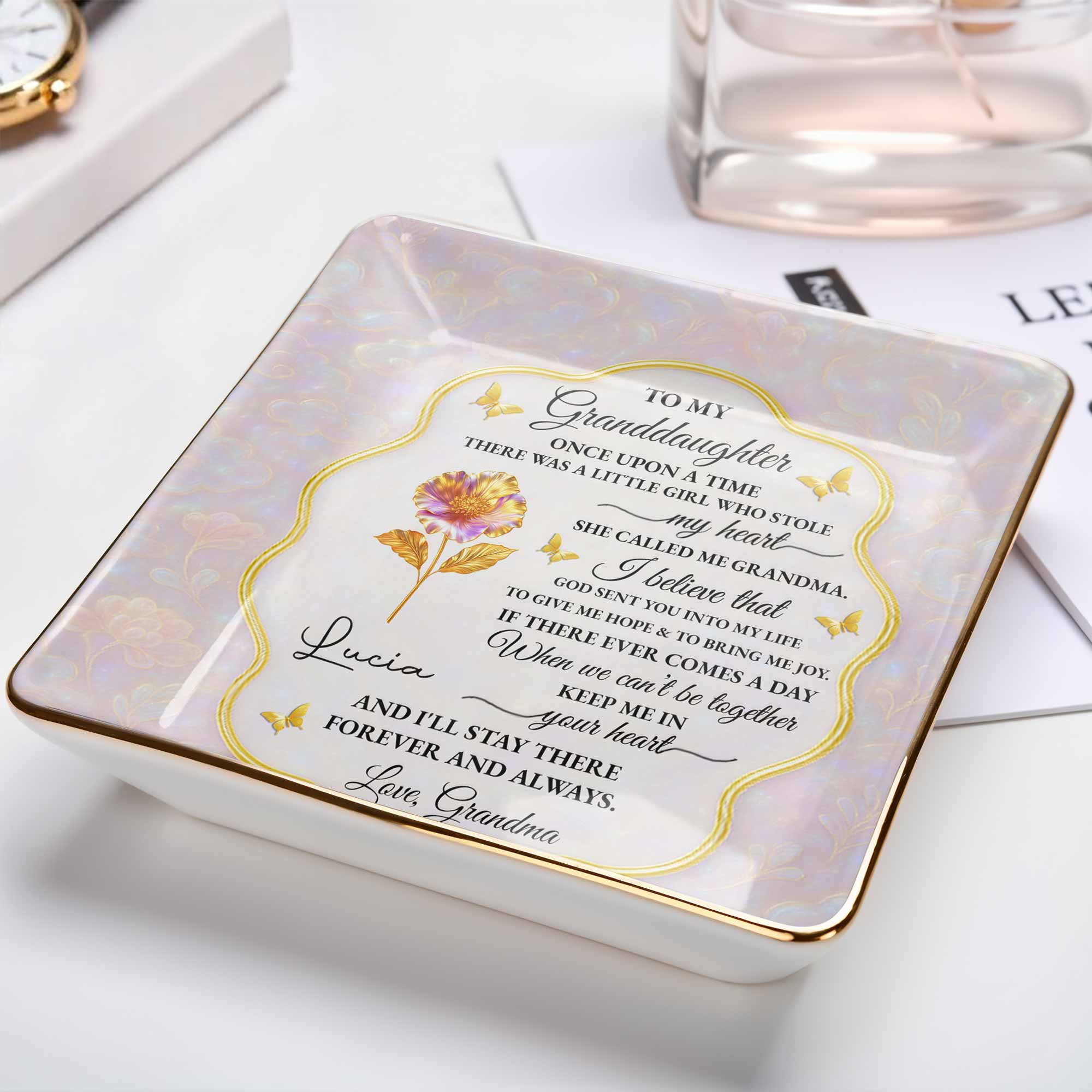 To My Granddaughter, Love Forever, Flowers And Swirls Design - Personalized Custom Jewelry Dish, Ceramic Dish, Square Shape - GDT432_SCRF