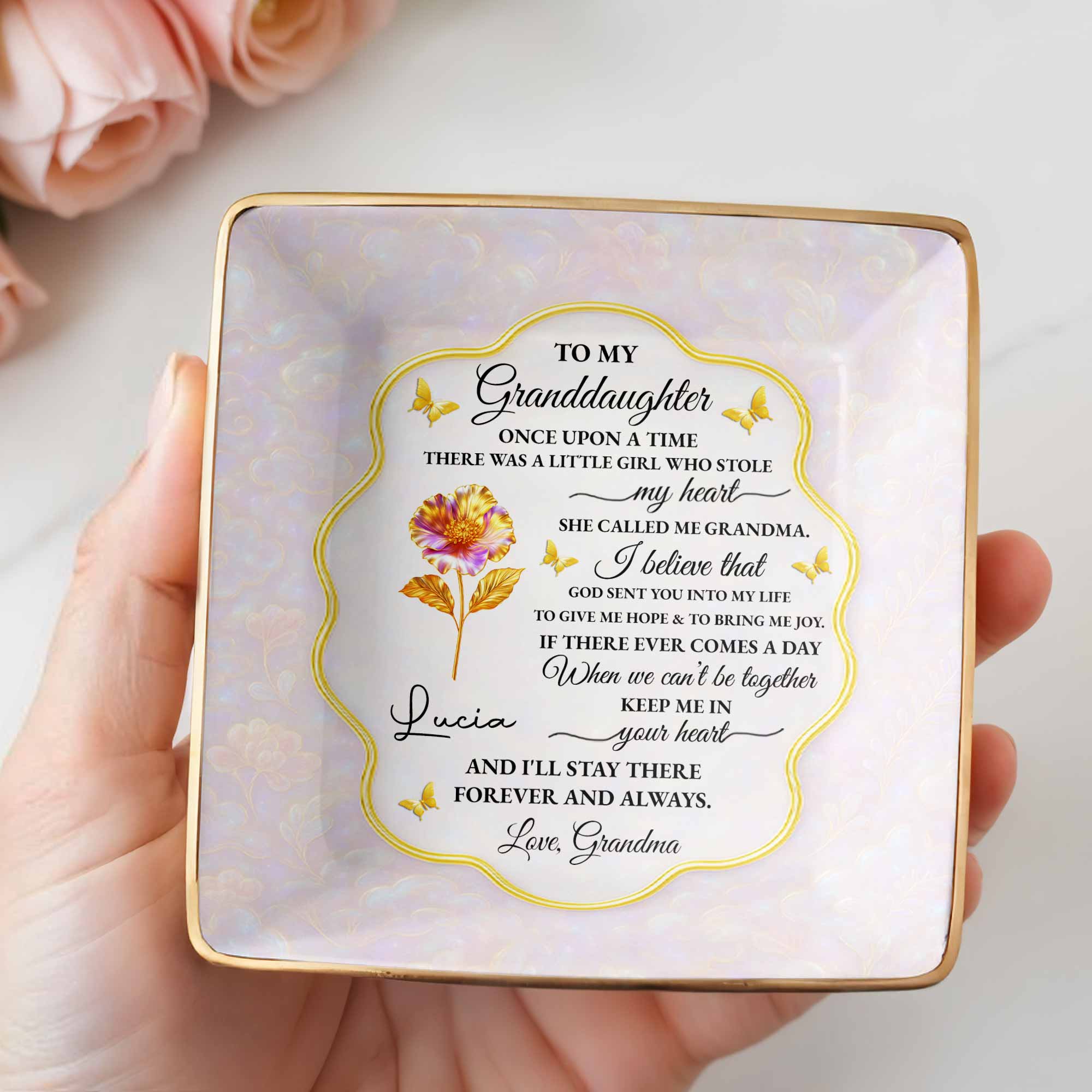 To My Granddaughter, Love Forever, Flowers And Swirls Design - Personalized Custom Jewelry Dish, Ceramic Dish, Square Shape - GDT432_SCRF