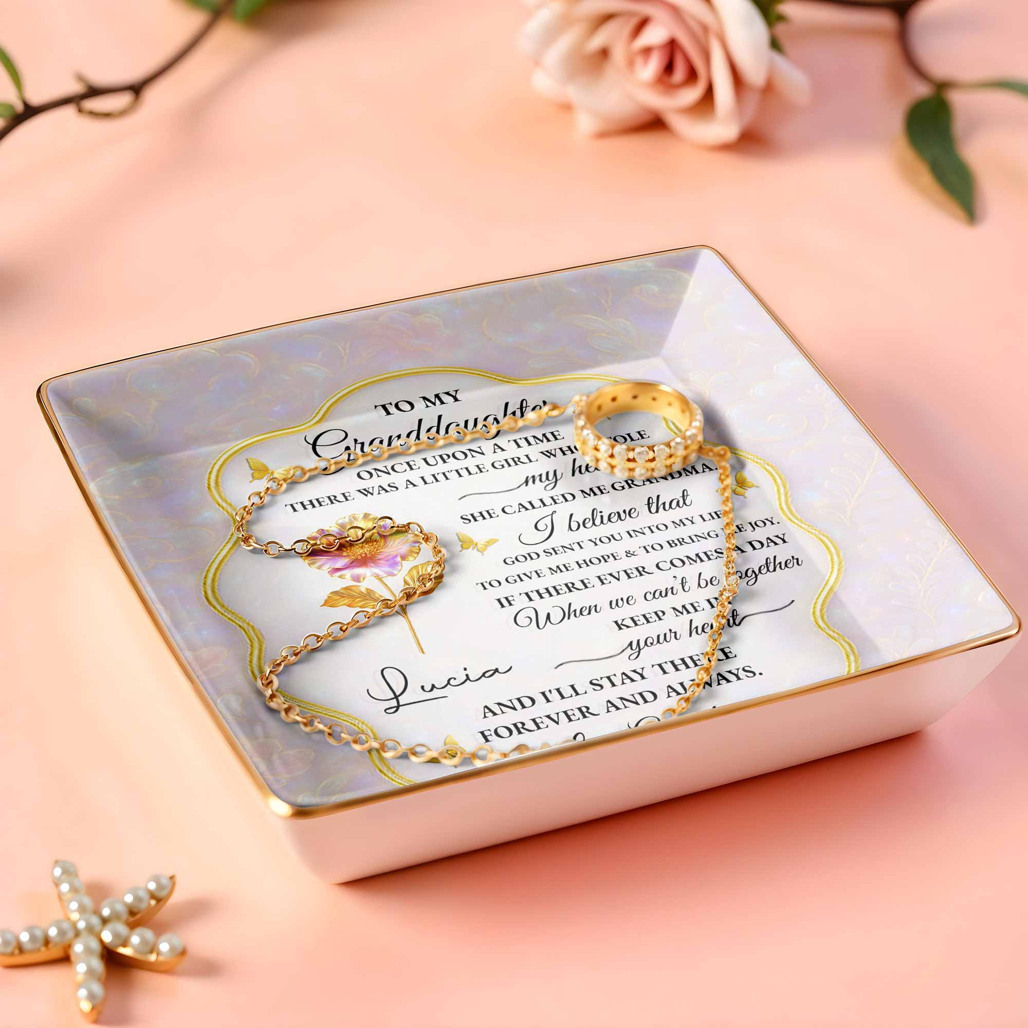 To My Granddaughter, Love Forever, Flowers And Swirls Design - Personalized Custom Jewelry Dish, Ceramic Dish, Square Shape - GDT432_SCRF