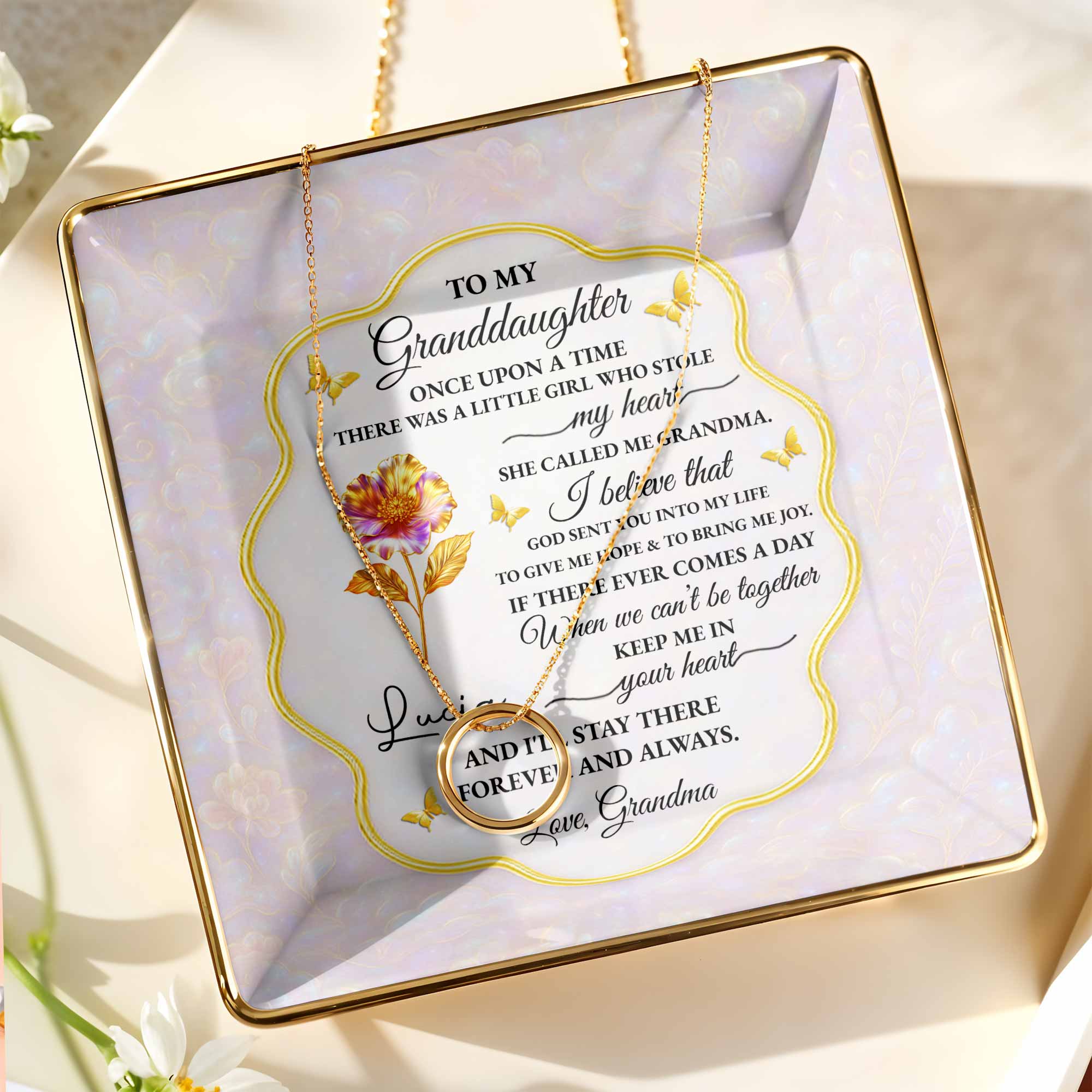 To My Granddaughter, Love Forever, Flowers And Swirls Design - Personalized Custom Jewelry Dish, Ceramic Dish, Square Shape - GDT432_SCRF