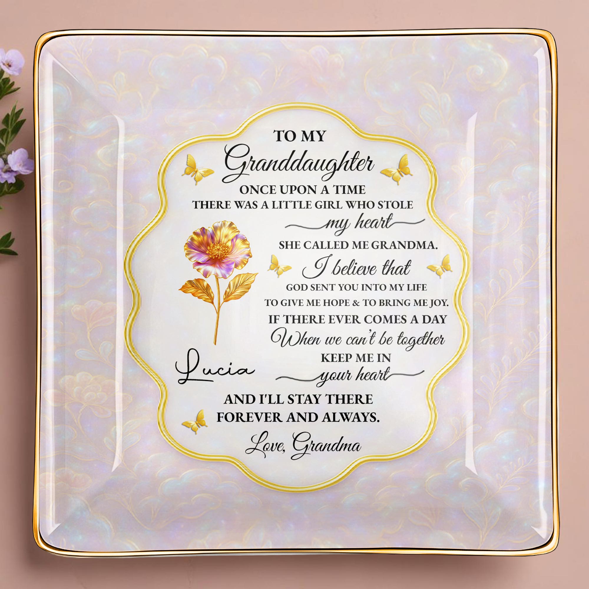 To My Granddaughter, Love Forever, Flowers And Swirls Design - Personalized Custom Jewelry Dish, Ceramic Dish, Square Shape - GDT432_SCRF