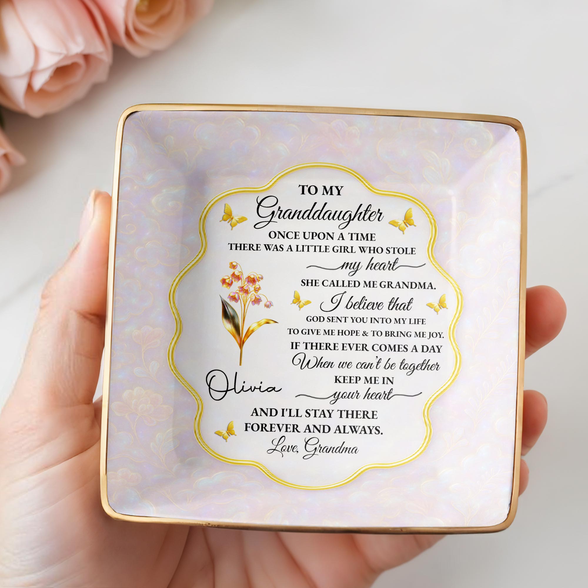 To My Granddaughter, Love Forever, Flowers And Swirls Design - Personalized Custom Jewelry Dish, Ceramic Dish, Square Shape - GDT432_SCRF