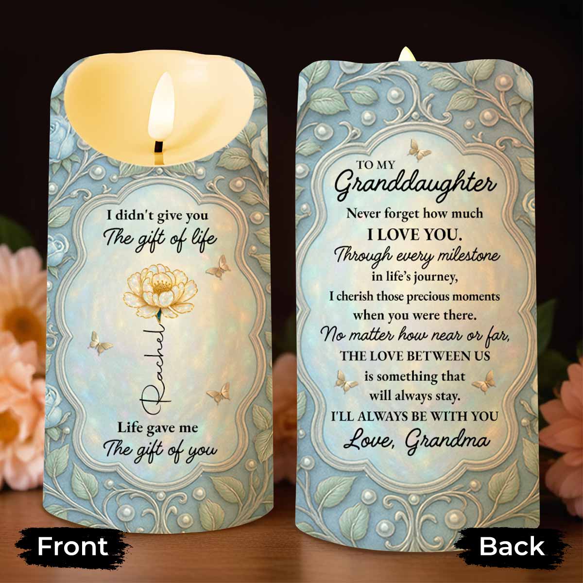To My Granddaughter, Love Between Us, Roses And Butterflies - Personalized Custom LED Candle - GDT436_LECA