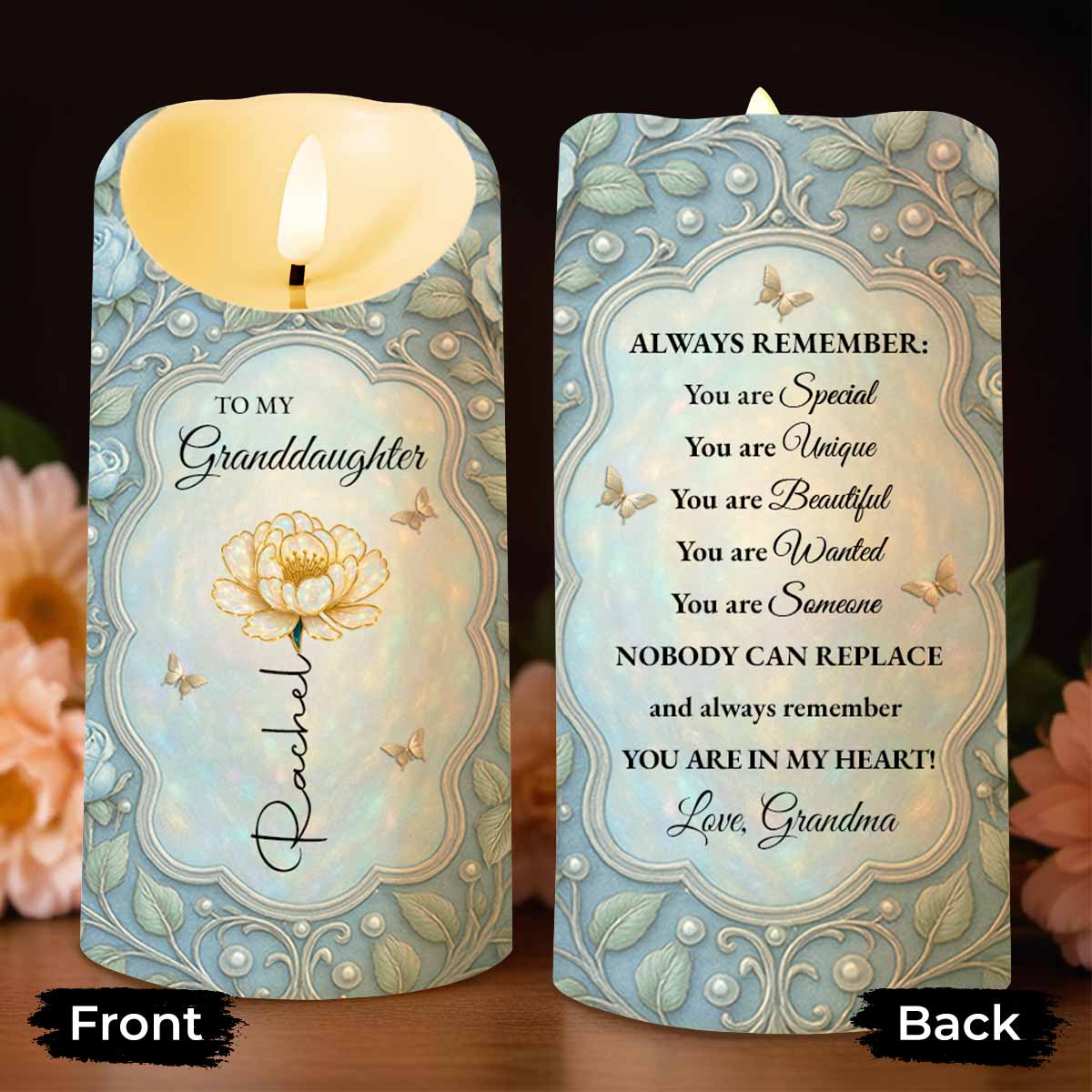 To My Granddaughter, Always Remember, Beautiful Flower Design - Personalized Custom LED Candle - GDT438_LECA