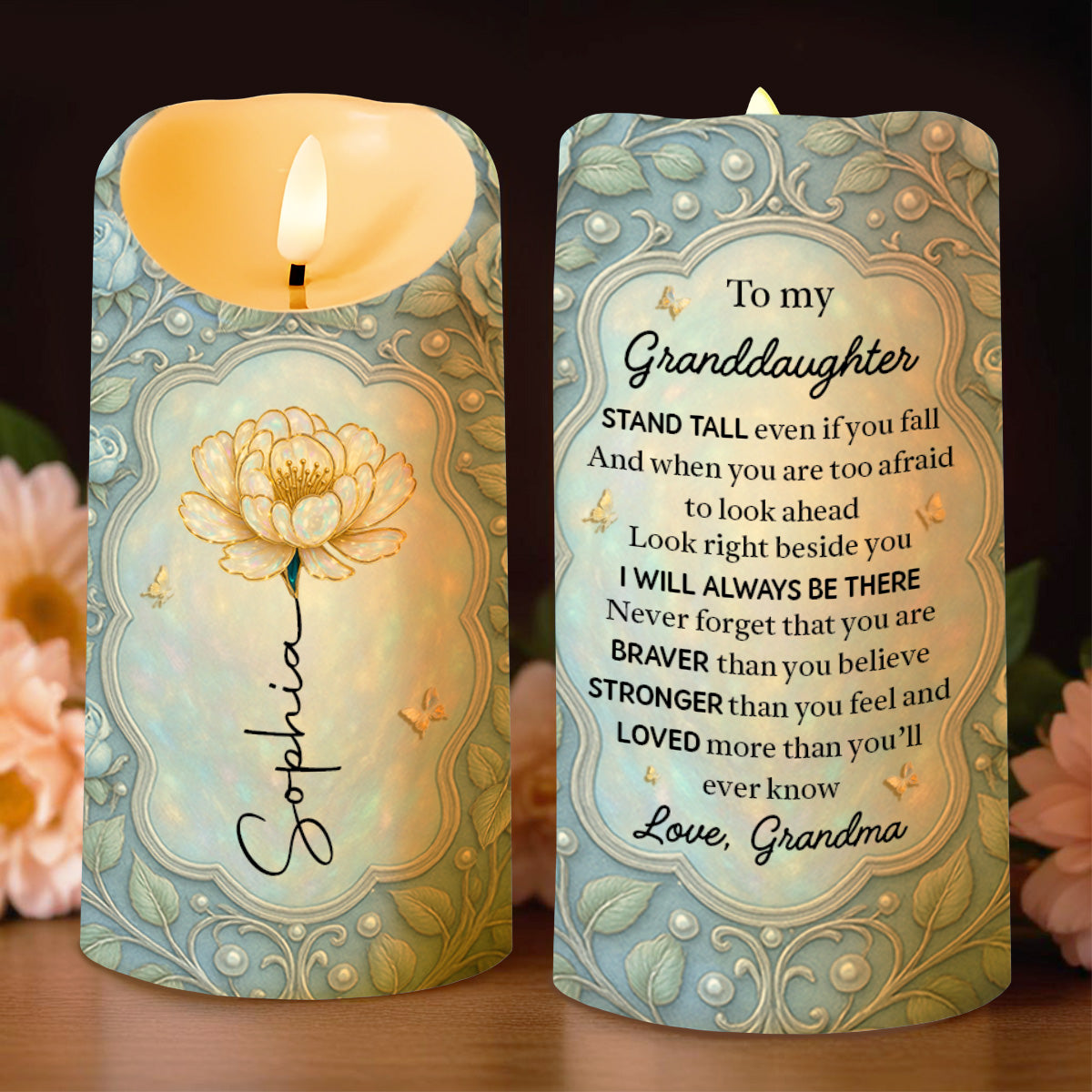 To My Granddaughter Stand Tall Even If You Fall Flower Design - Personalized Custom LED Candle - GDT439_LECA