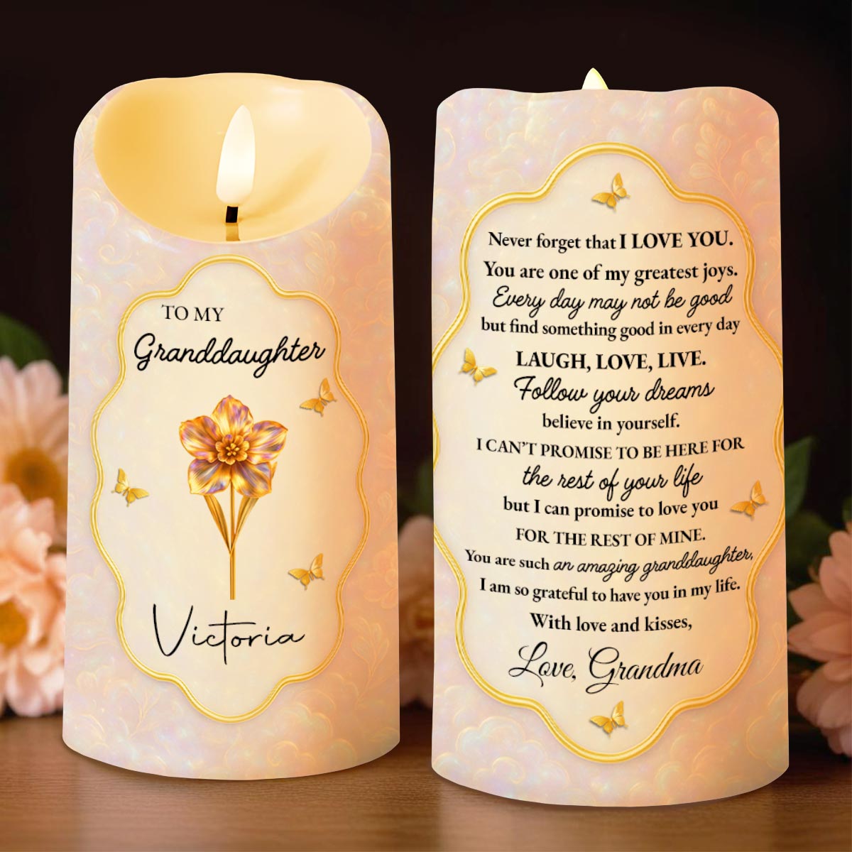 To My Granddaughter, Believe In Yourself, Flower And Butterflies - Personalized Custom LED Candle - GDT443_LECA