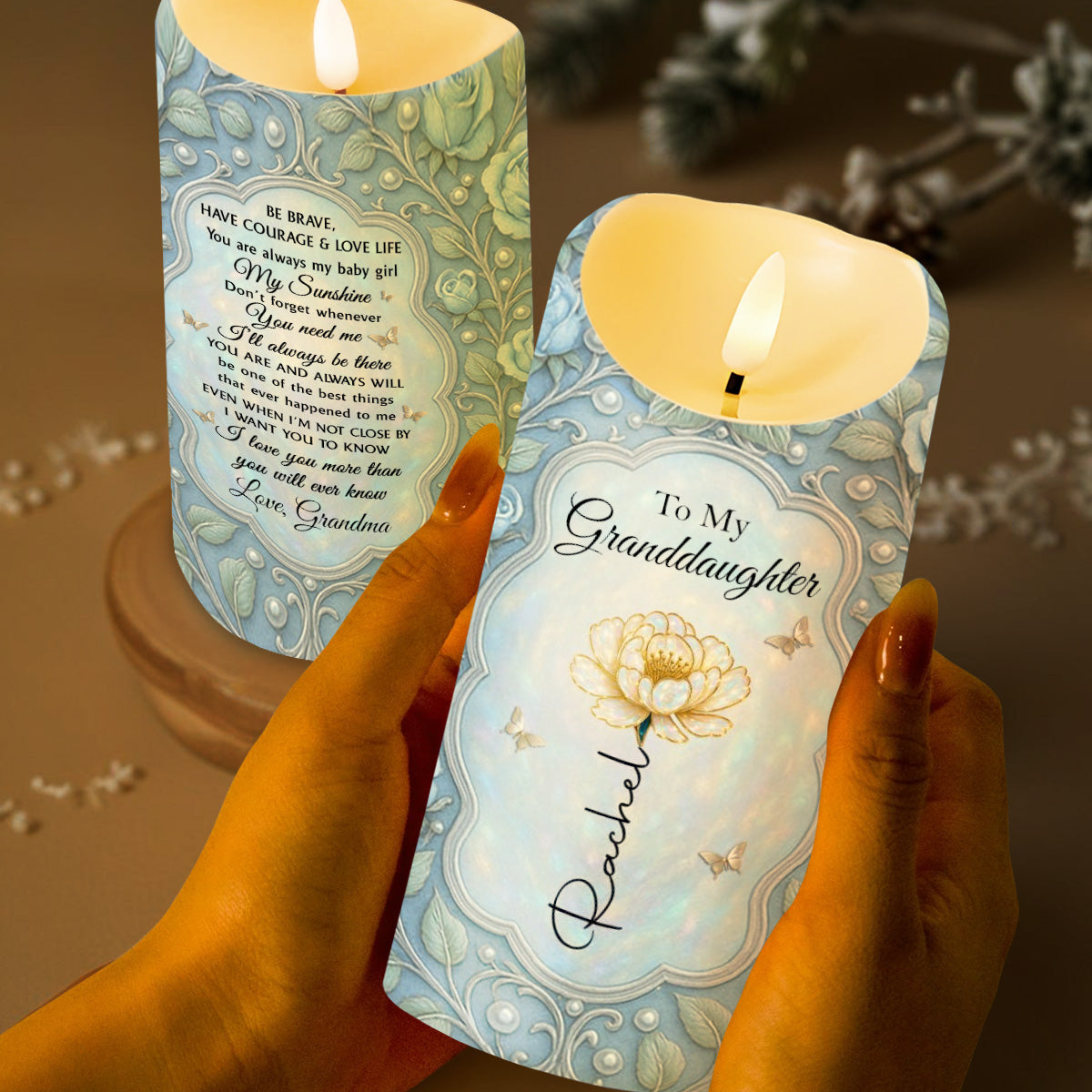 To My Granddaughter, Flower and Hearts Design - Personalized Custom LED Candle - GDT444_LECA