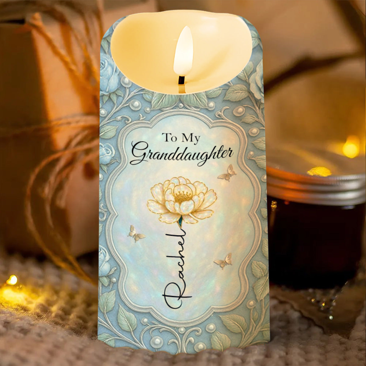 To My Granddaughter, Flower and Hearts Design - Personalized Custom LED Candle - GDT444_LECA