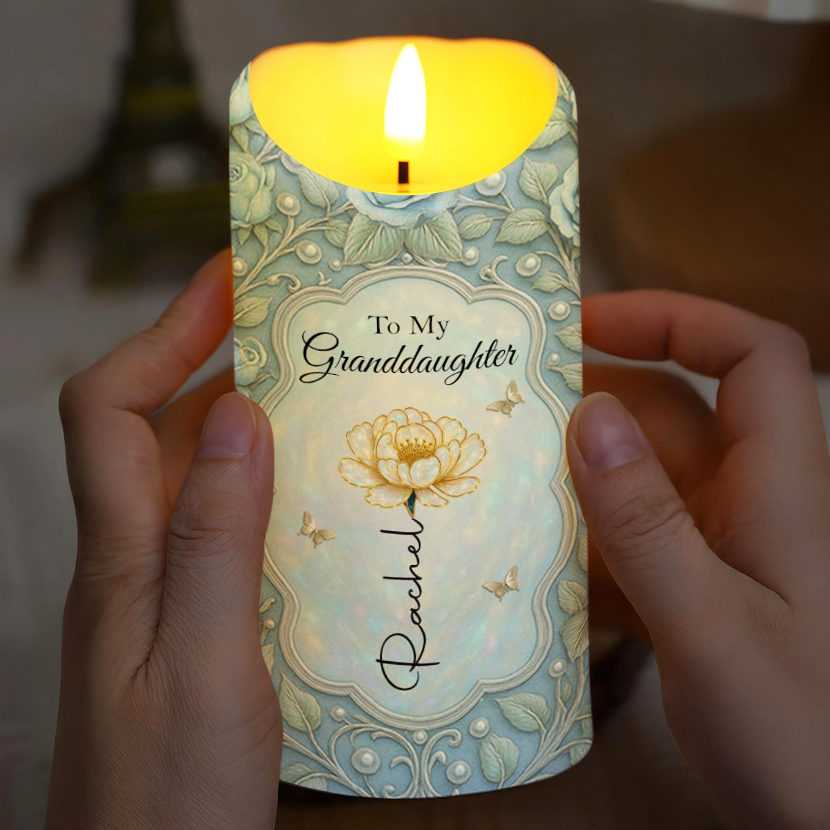 To My Granddaughter, Flower and Hearts Design - Personalized Custom LED Candle - GDT444_LECA