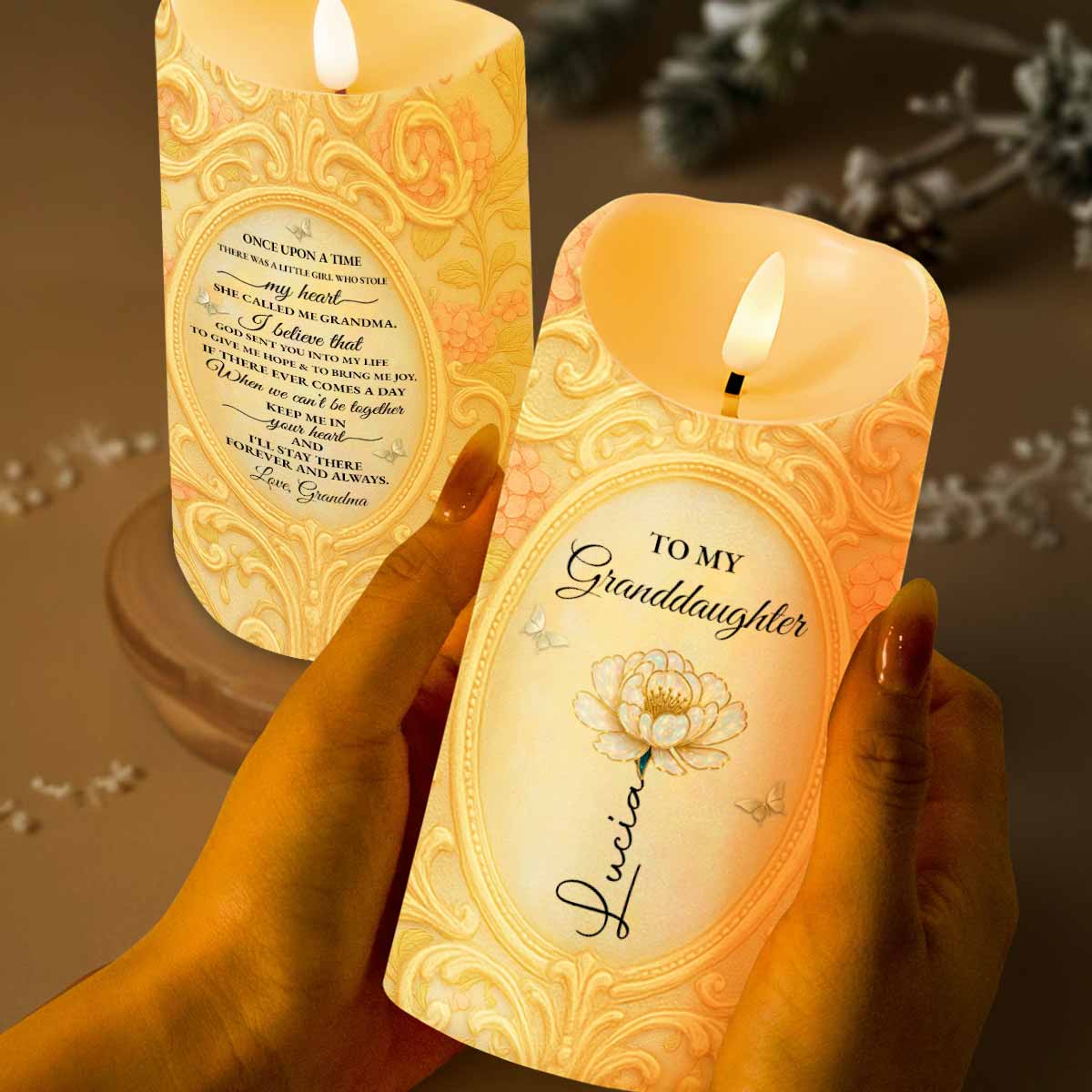 To My Granddaughter, A Keepsake Candle With Flower And Butterfly - Personalized Custom LED Candle - GDT446_LECA