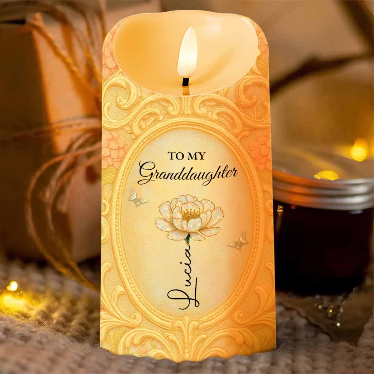 To My Granddaughter, A Keepsake Candle With Flower And Butterfly - Personalized Custom LED Candle - GDT446_LECA
