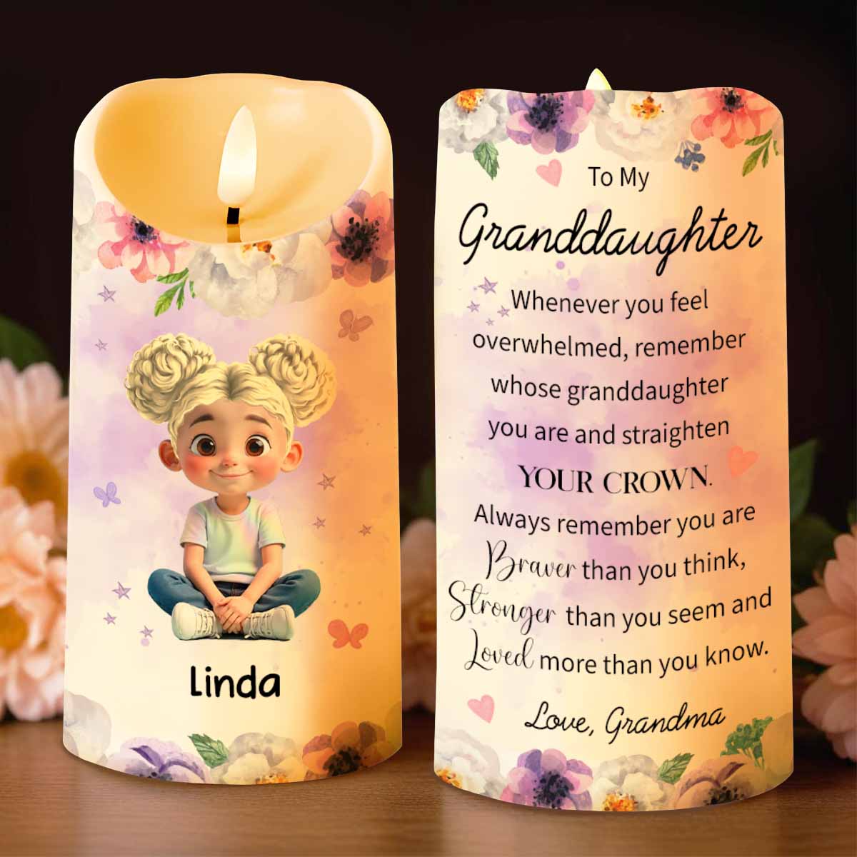To My Granddaughter, Flowers And Crown Design - Personalized Custom LED Candle - GDT469_LECA